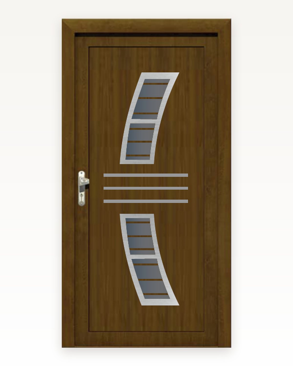SK01L luxury inox door panel in golden oak with two curved glazed recesses, artwork