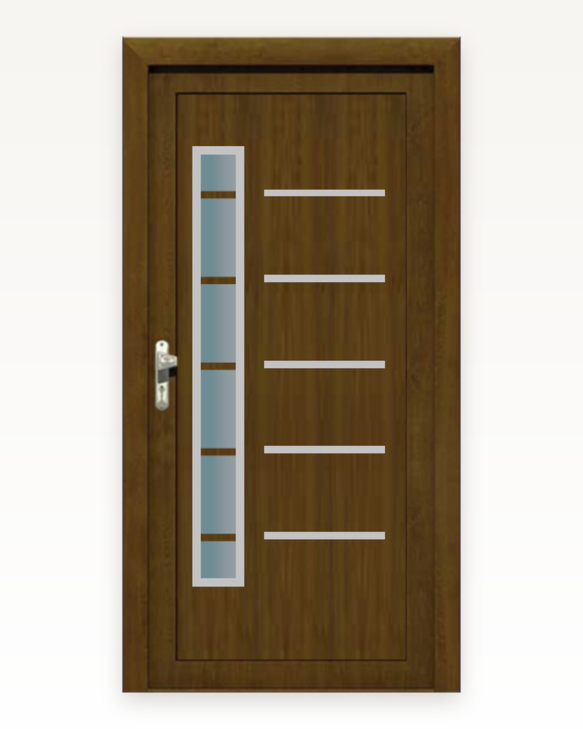 Catalogue rendering of the SK04L door panel in golden oak with a narrow glazed slot and steel strips