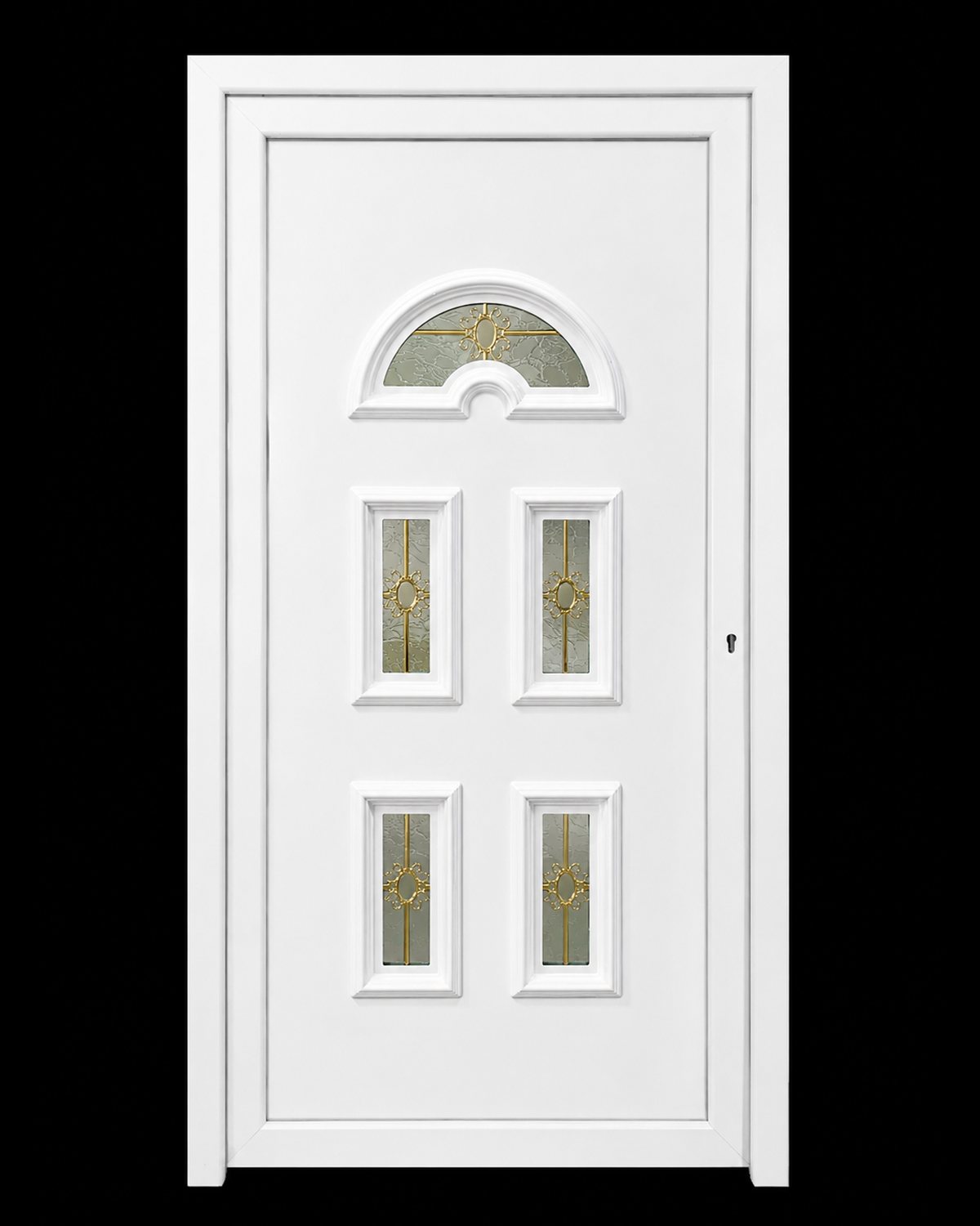 SK05T thermoform door panel in white with five glazed openings and gold helima, studio photograph