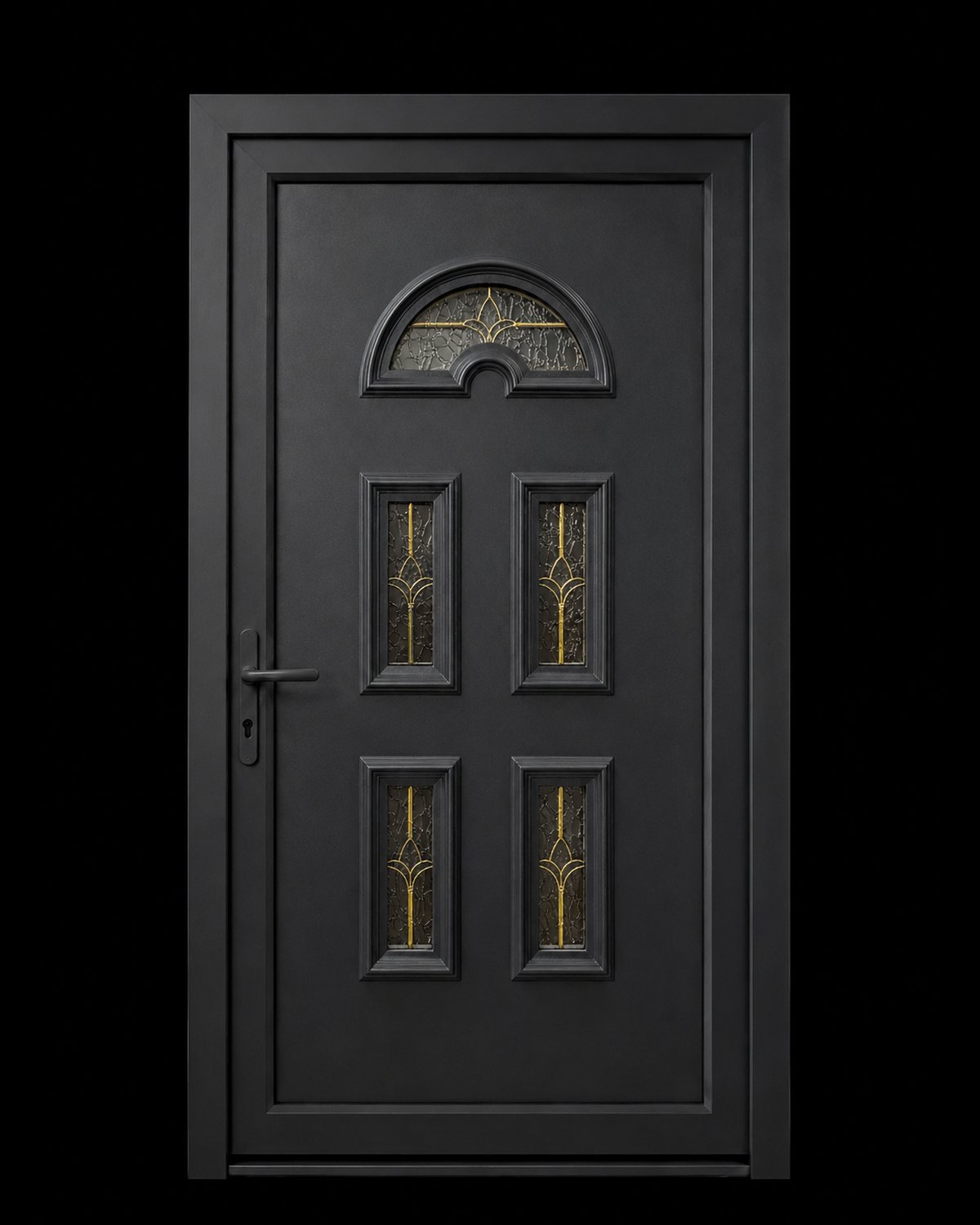 SK05T in anthracite: a dark face with gold helima behind textured glass, studio photograph
