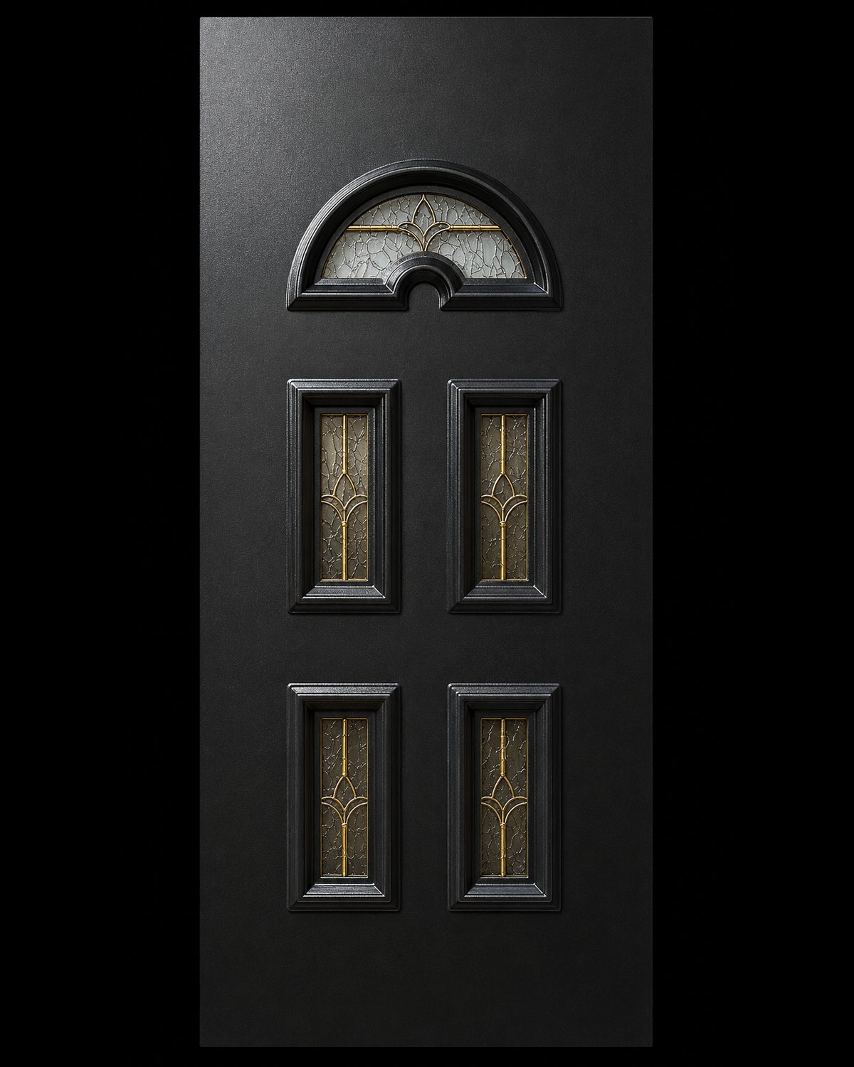 The bare SK05T panel in anthracite, five glazed openings with gold motifs, studio photograph