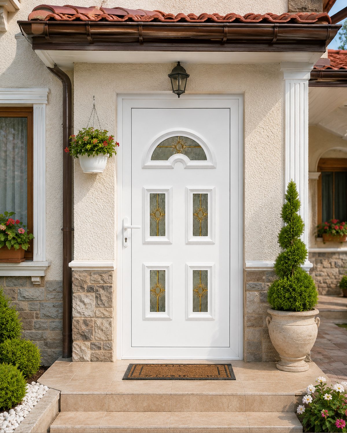 SK05T in white fitted into a house entrance with stone plinth and potted geraniums