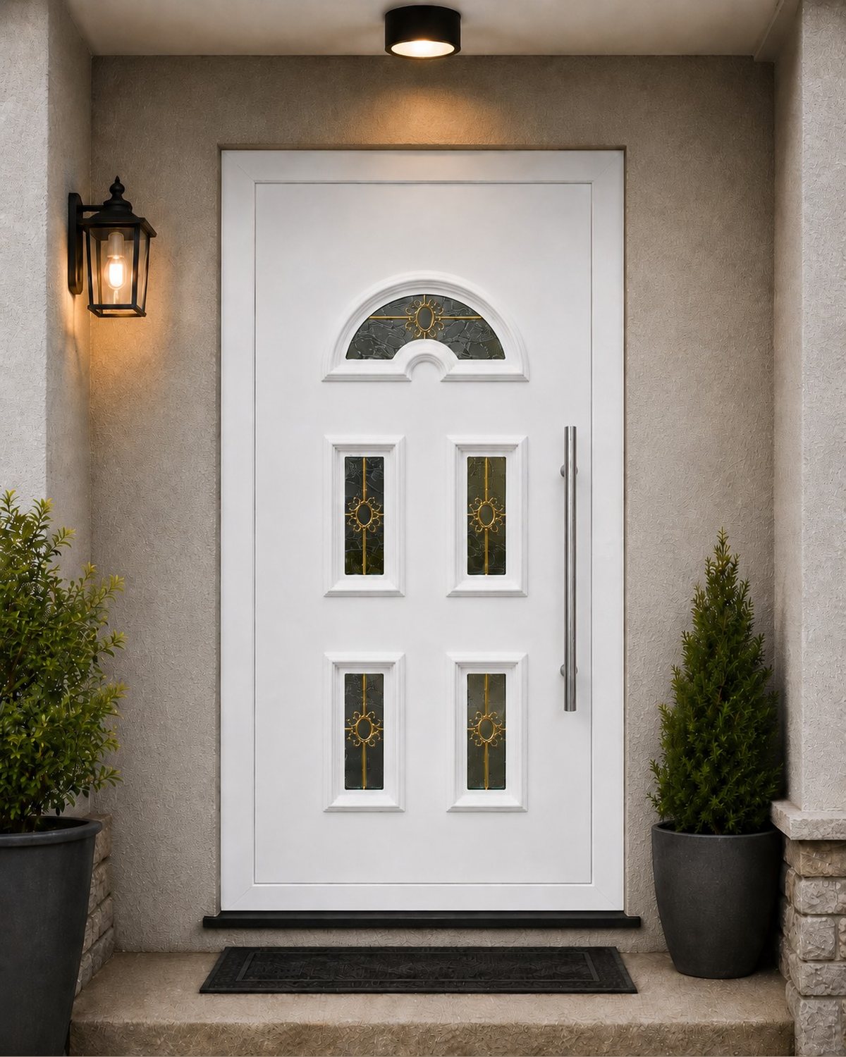 White SK05T with a straight stainless pull, fitted in a lit porch at dusk