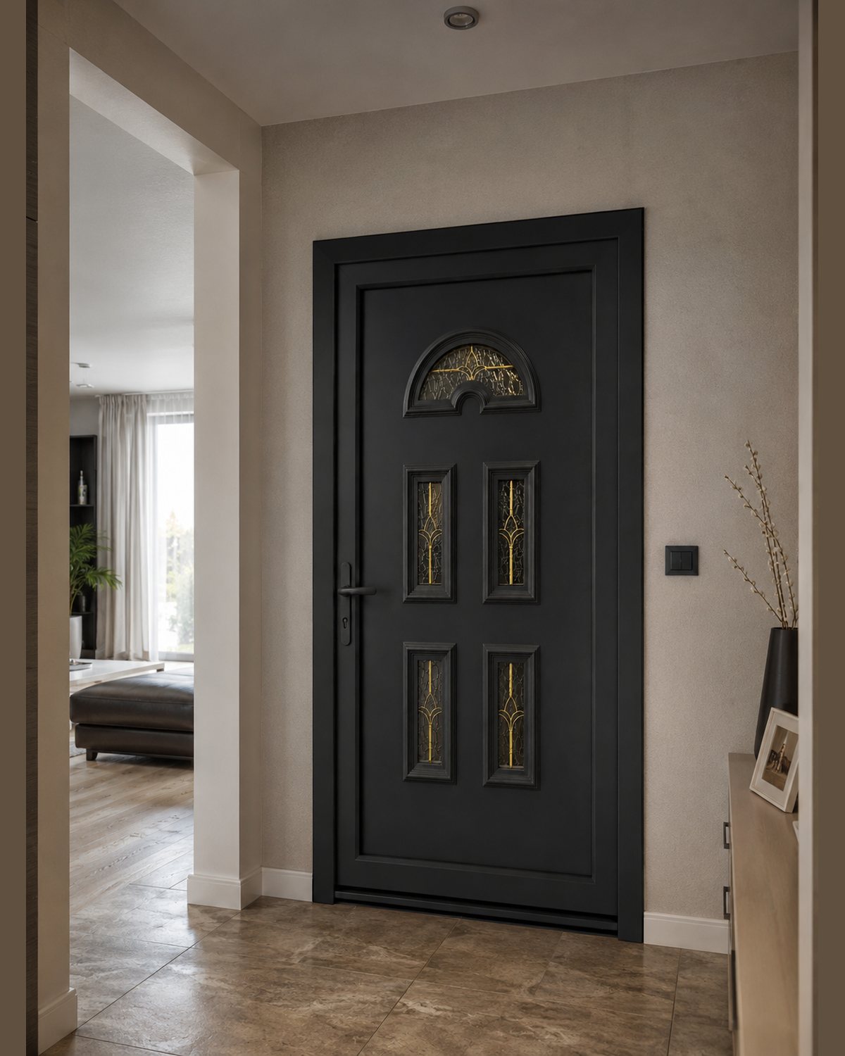 SK05T in anthracite fitted into a frame opening onto a warmly lit hallway