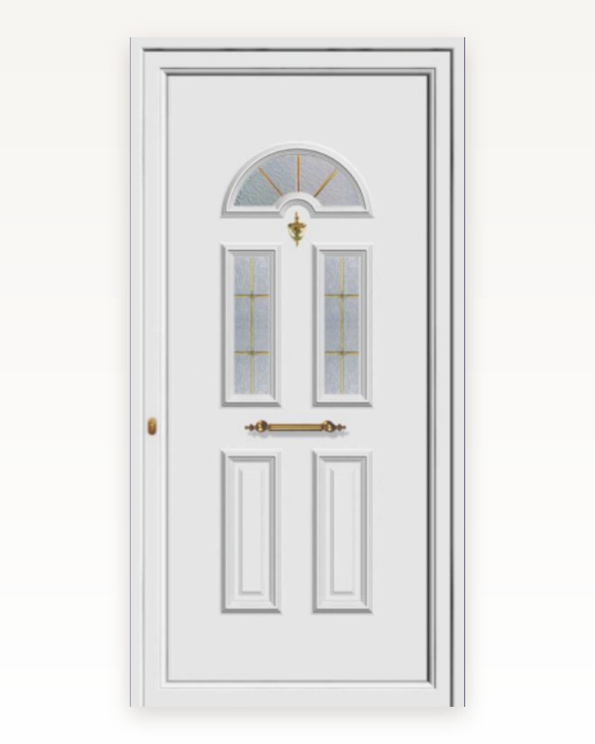 Catalogue rendering of SK05T in white with cross-set gold helima and a brass pull handle