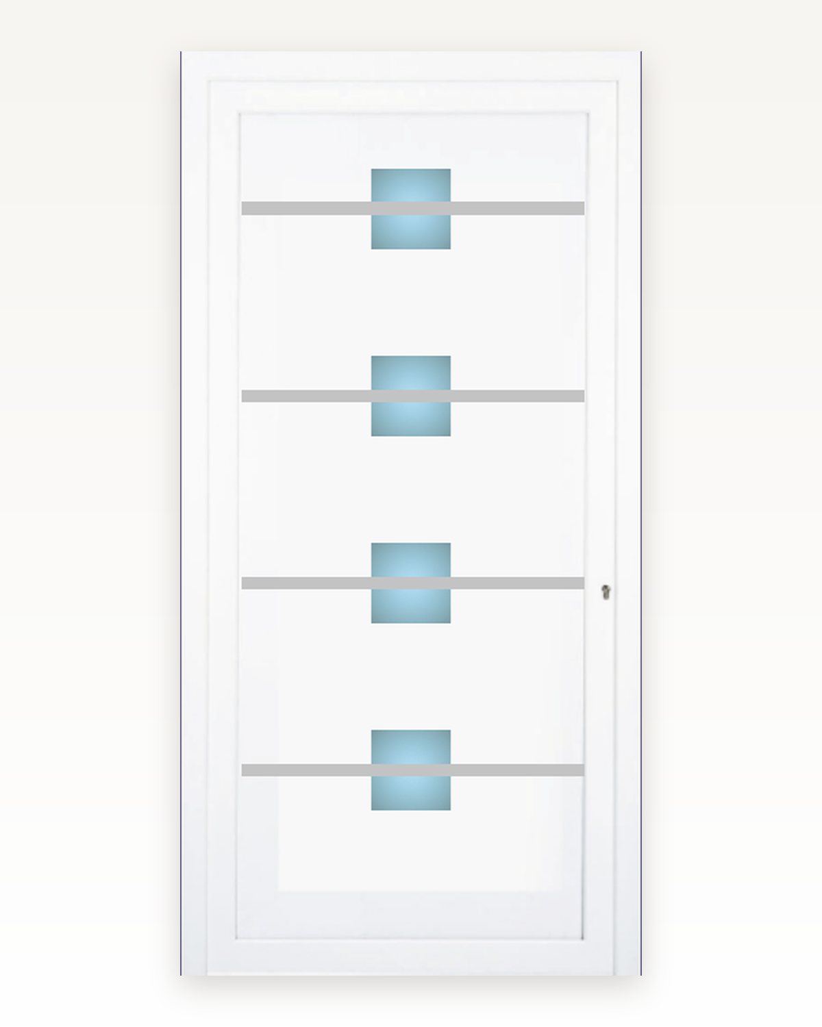 Catalogue rendering of the white SK07L door panel with four full-width stainless bars