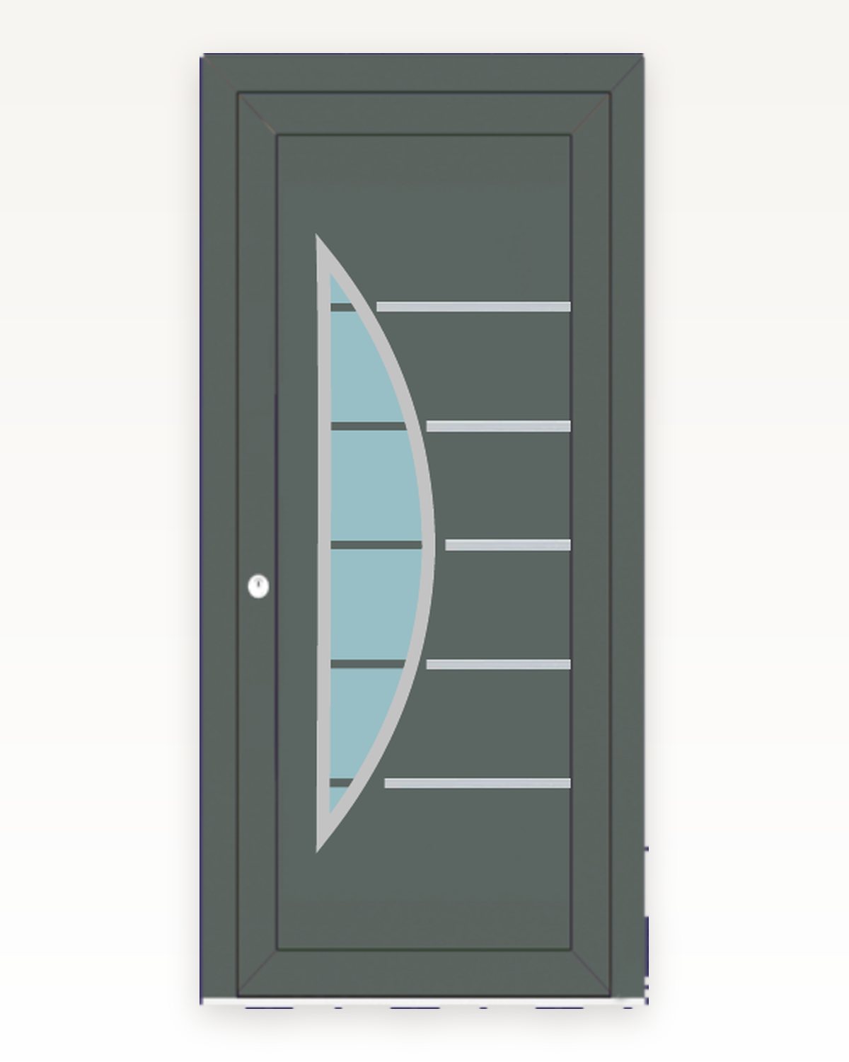 Catalogue rendering of the SK08L door panel in anthracite with a curved light and steel strips