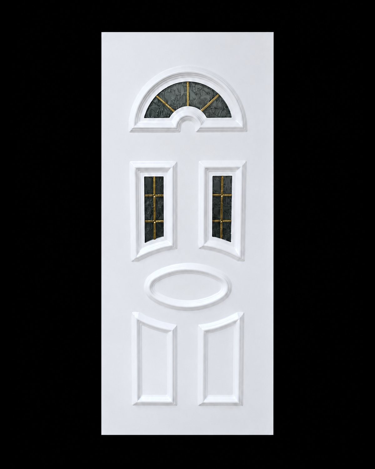 SK10T white thermoformed door panel with sunburst fanlight and gold glazing bars, studio photo