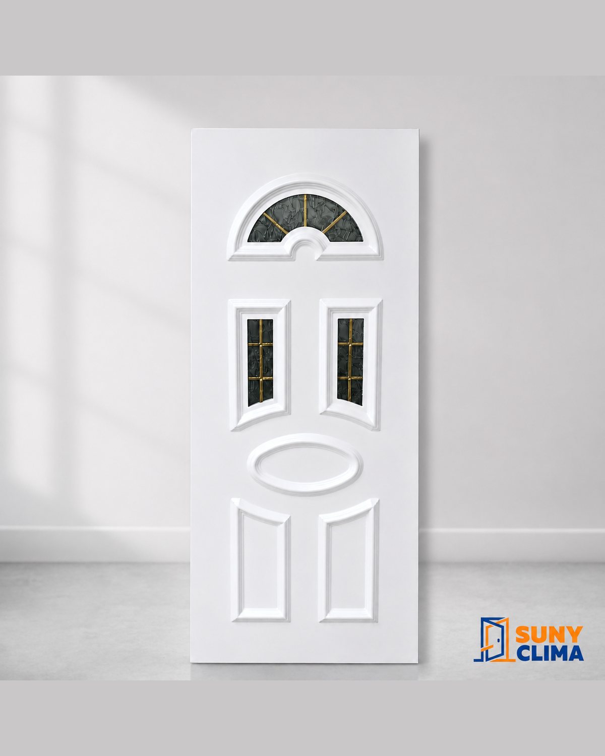 SK10T white door panel with fan-shaped glazing, stood against a wall in studio light