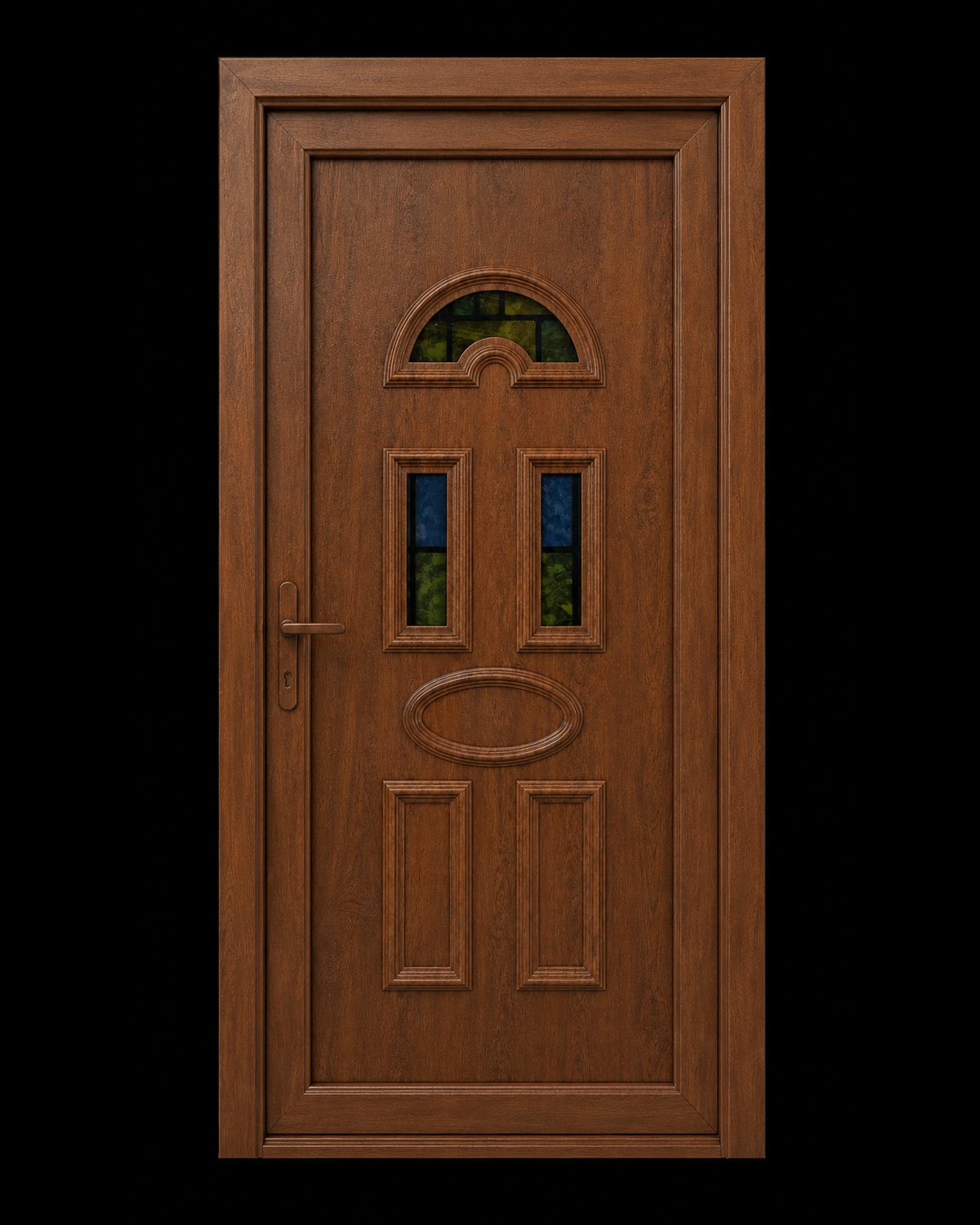 SK10T golden oak door panel with coloured glass, fitted into a matching PVC frame