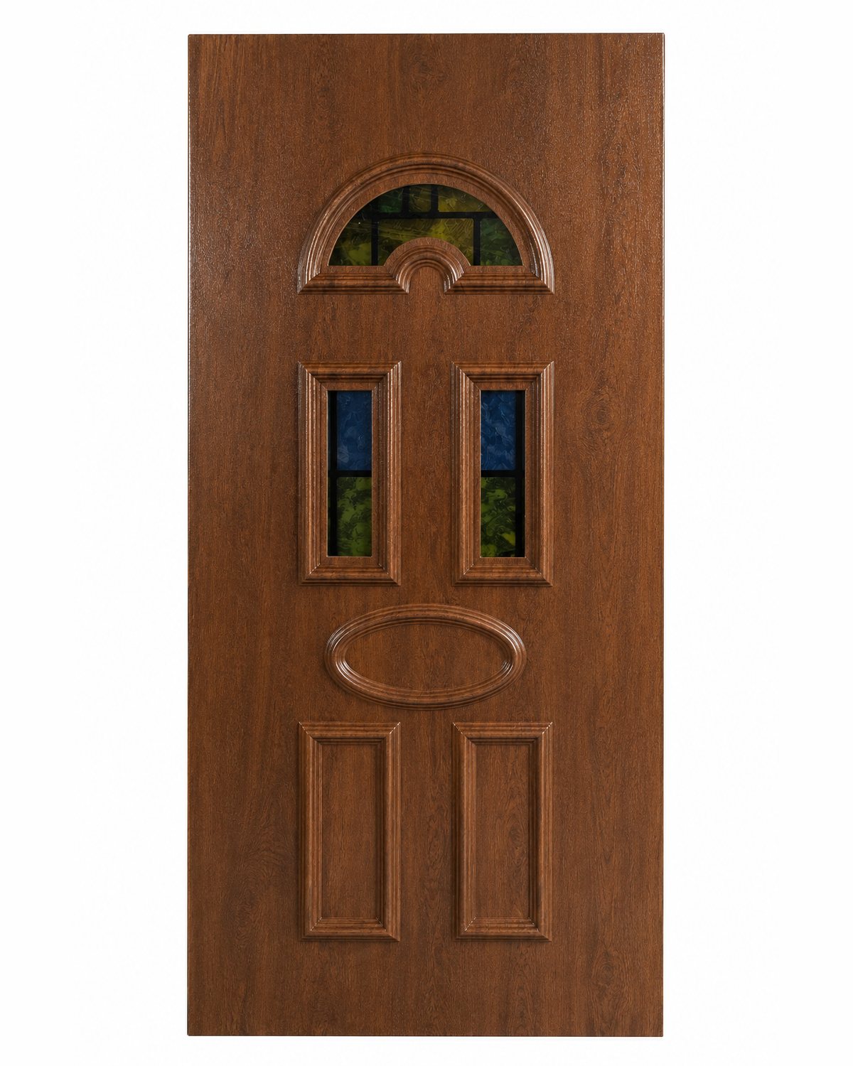 SK10T walnut-finish door panel with blue and green stained glass, studio photo