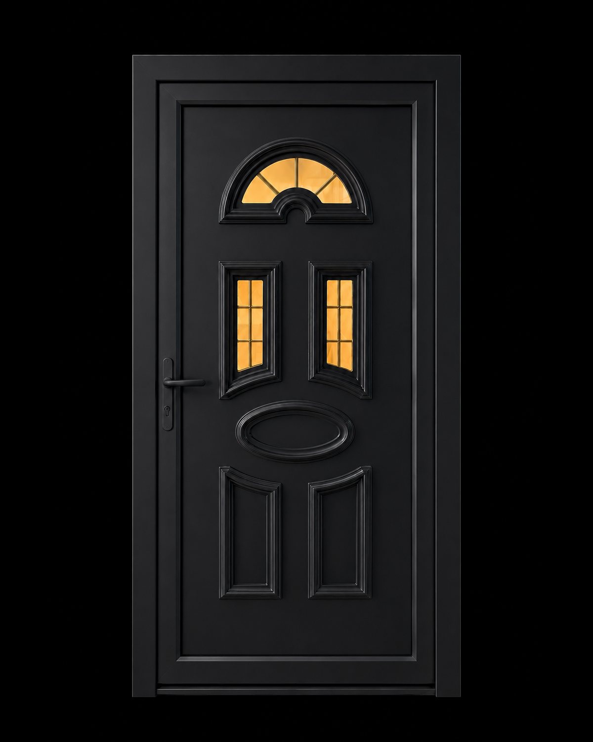 SK10T black door panel with bronze-tinted glass and gold bars, set in a black frame