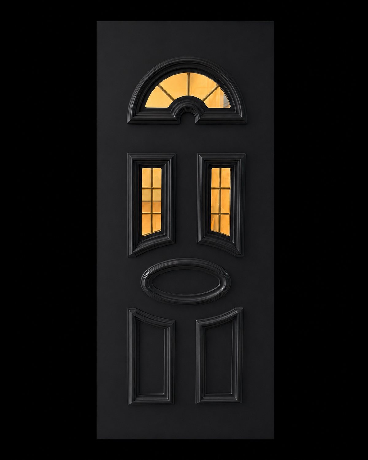 SK10T black thermoformed door panel with a bronze sunburst fanlight, bare panel in studio