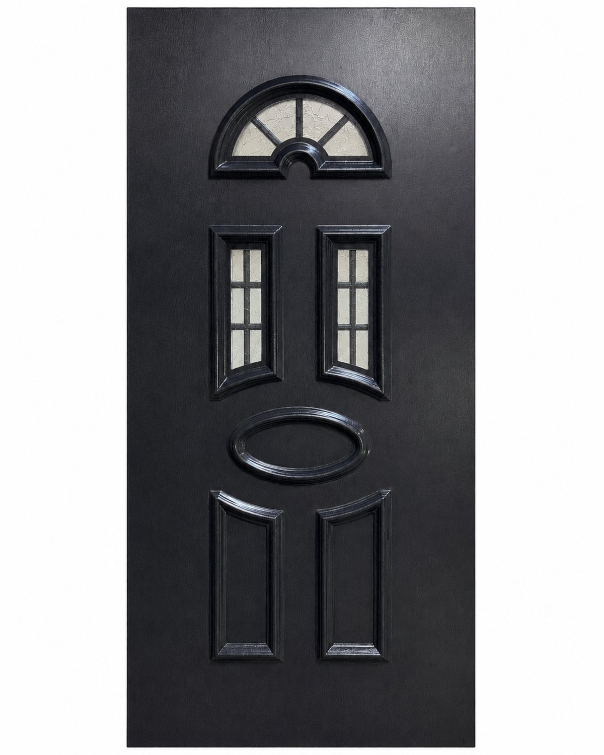 SK10T black door panel with pale textured glass and white glazing bars, studio photo