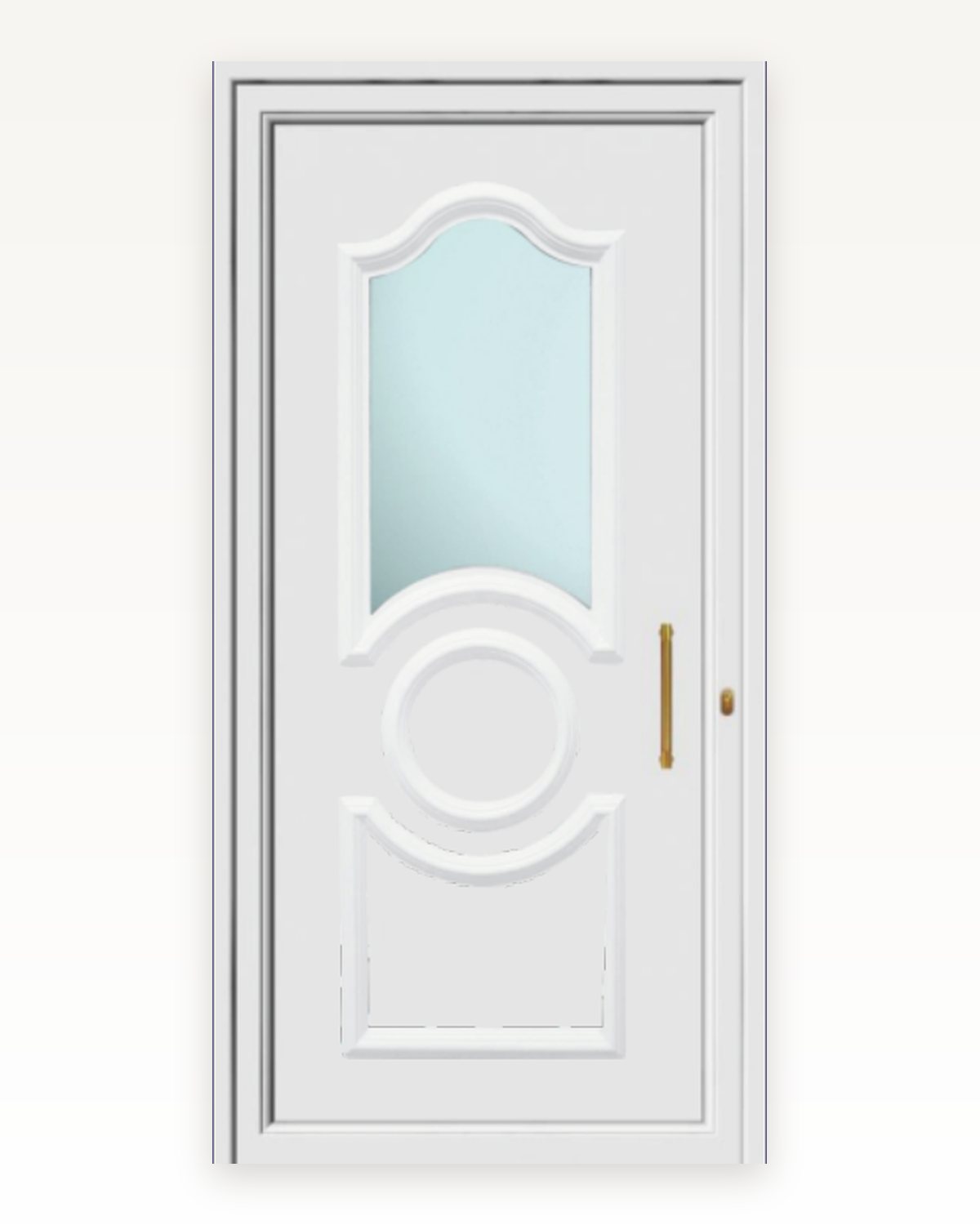 SK12T white thermoformed door panel with a large arched pane and gold pull handle, catalogue rendering