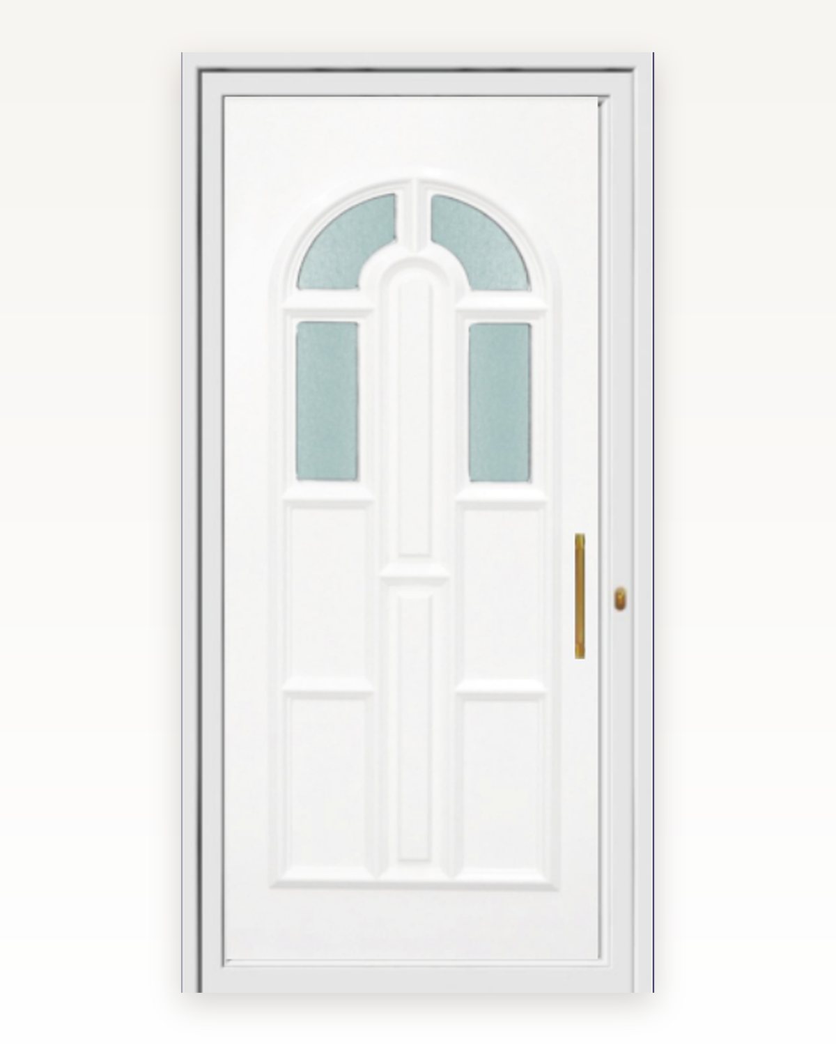 SK13T white thermoformed door panel with a semicircular fanlight and gold handle, catalogue rendering
