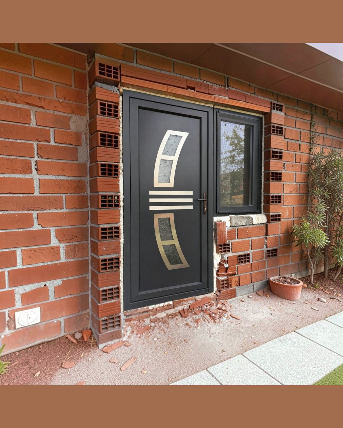 Anthracite entrance door with the SK14F panel installed on a brick facade beside a window
