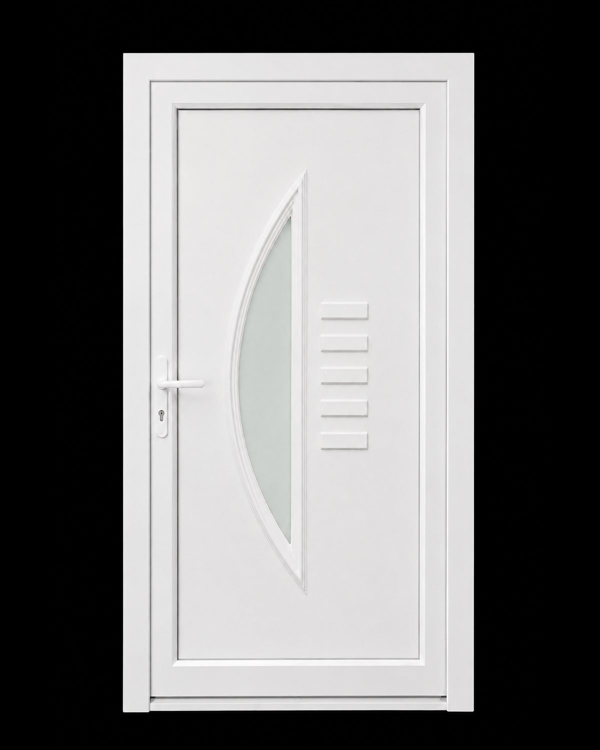 SK14T white thermoformed door panel with crescent matte glazing, fitted in a white frame