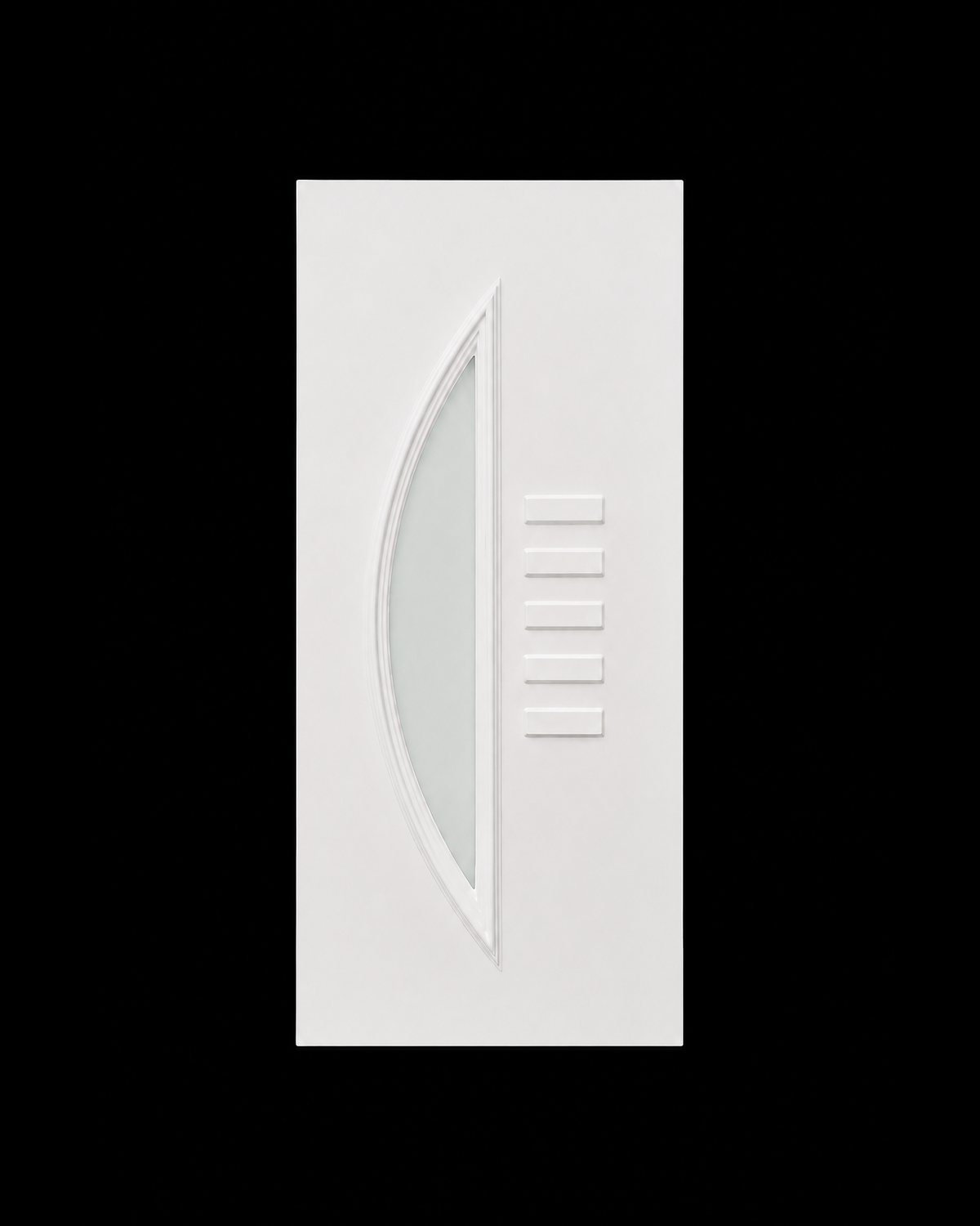 SK14T white door panel with a crescent glazed cut and five raised bars, bare panel in studio