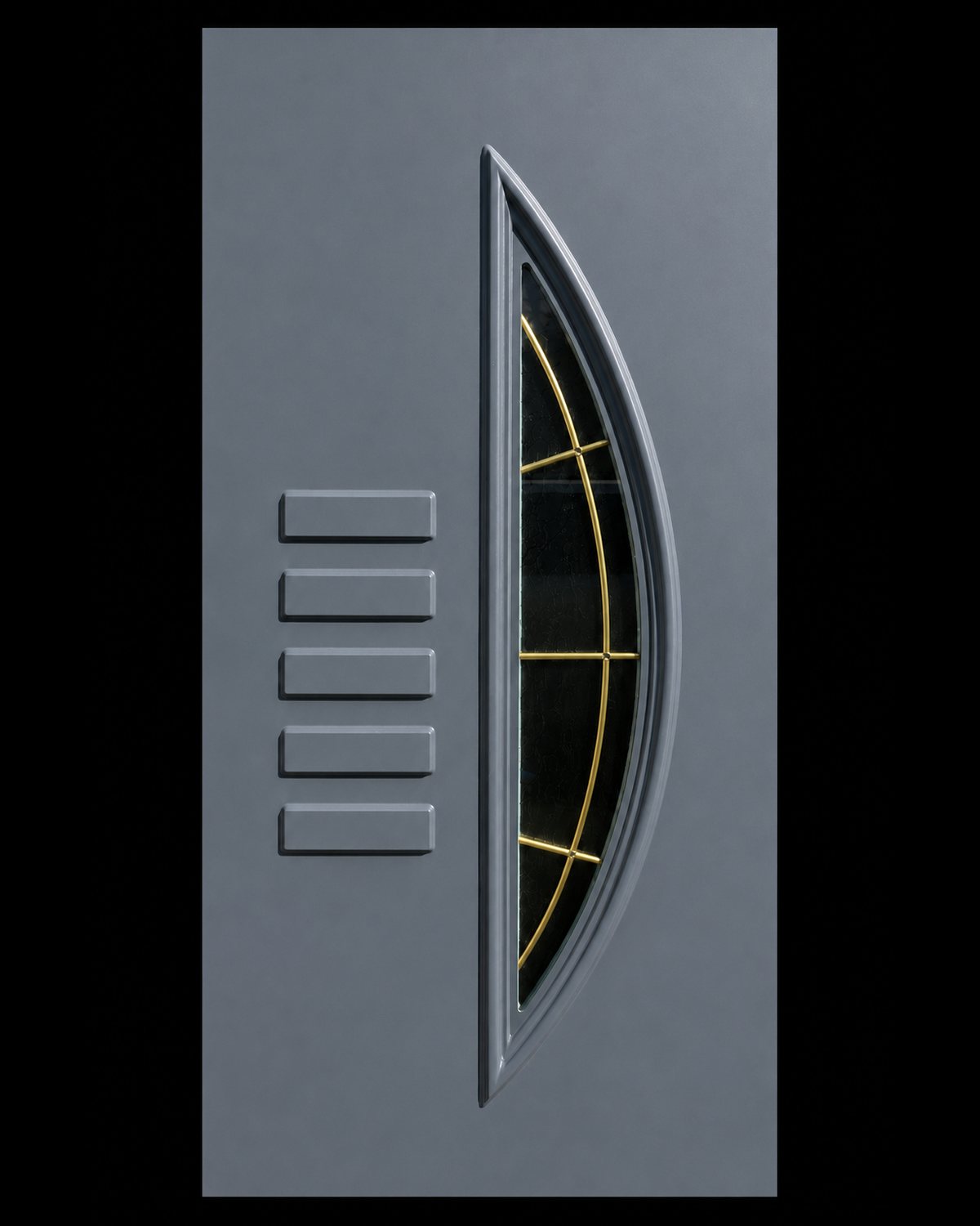 SK14T grey door panel with textured glass and gold bars following the arc, studio photo