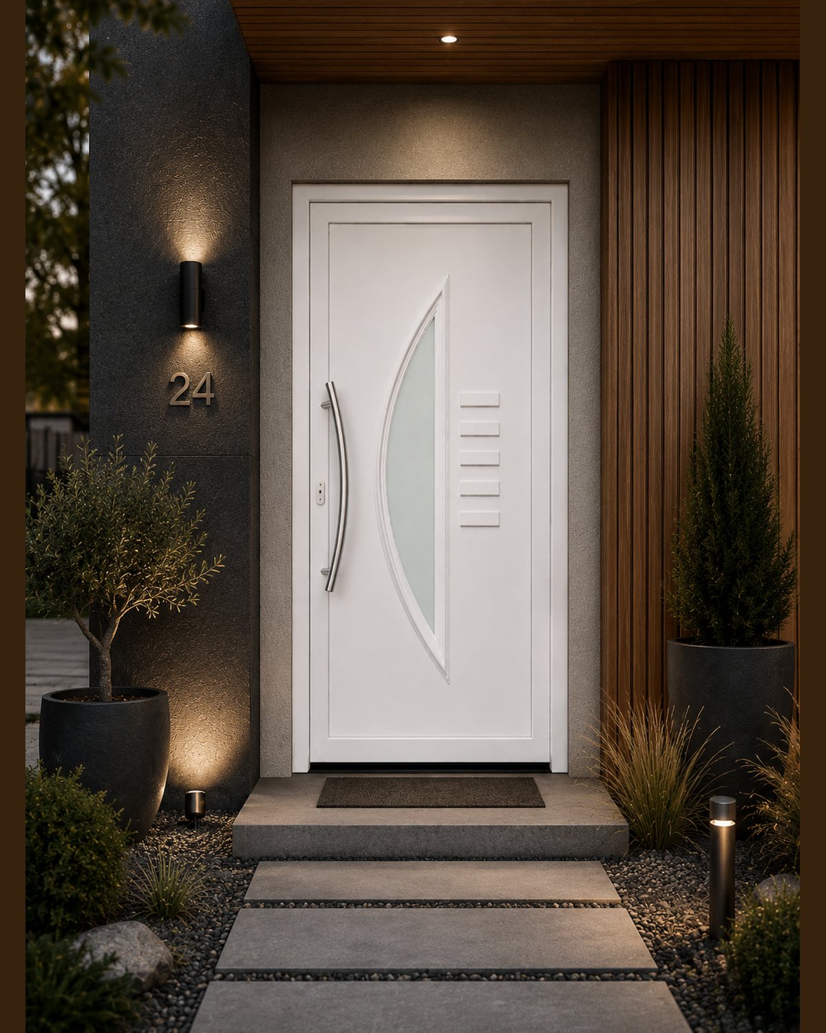 SK14T white entrance door with a stainless pull handle at a lit modern house entrance