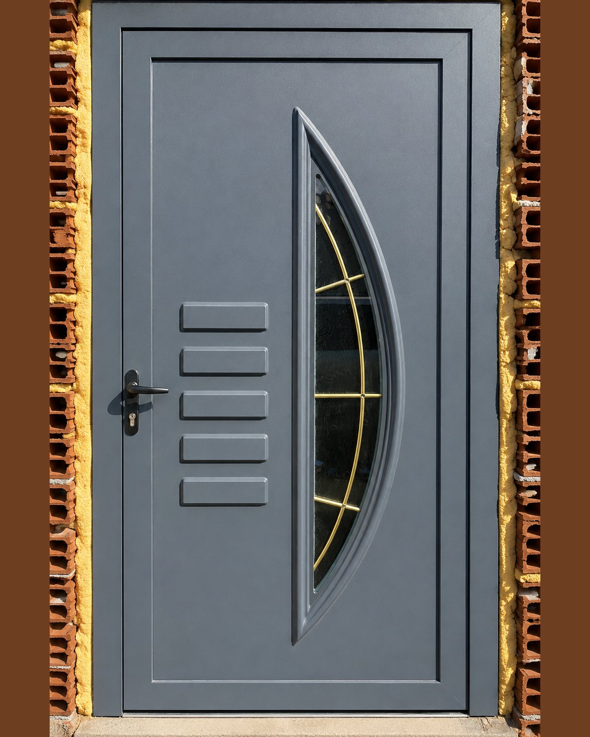 SK14T grey door panel with gold glazing bars, fitted in a house still under construction