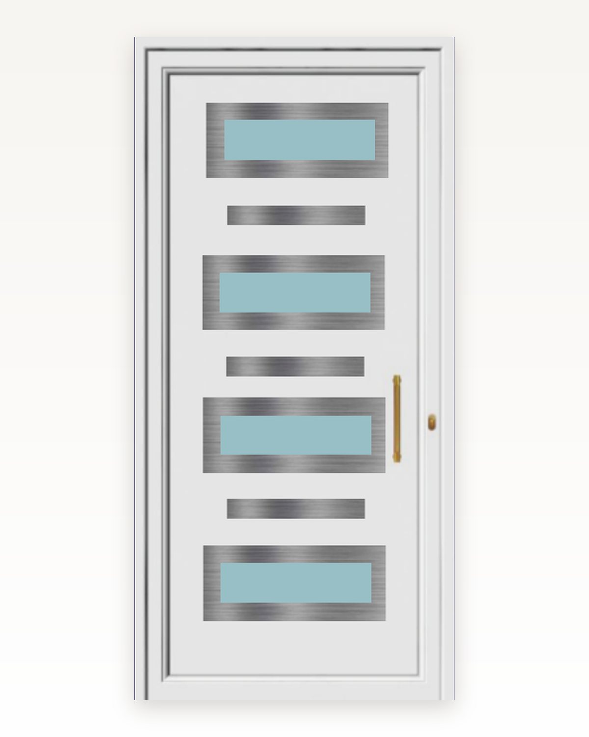 Catalogue rendering of the SK15F inox panel in white with four glazed and three solid stainless bands