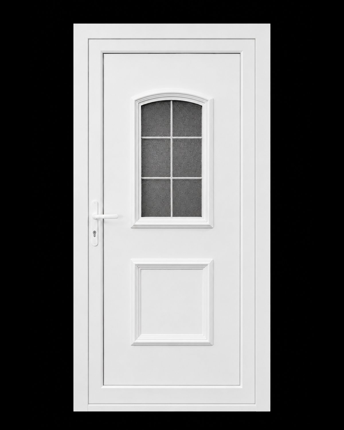 SK15T white thermoformed door panel with an arched window, fitted in a white PVC frame