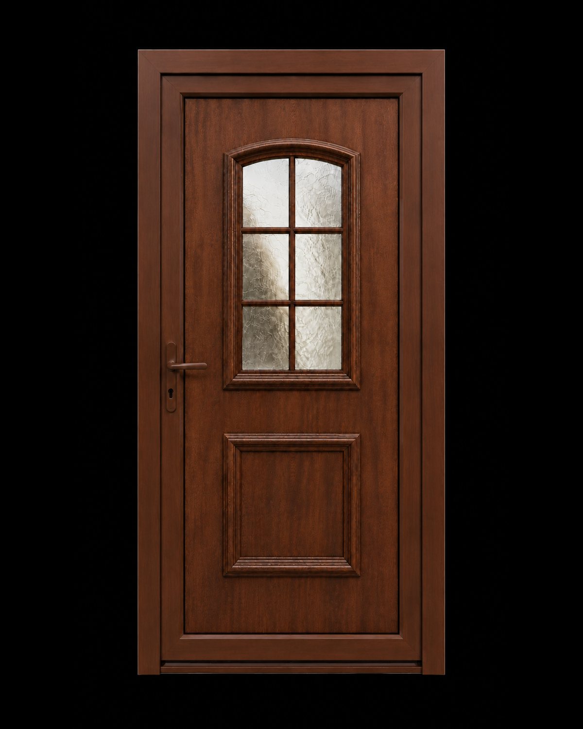 SK15T mahogany-finish door panel with an arched window, fitted in a matching frame