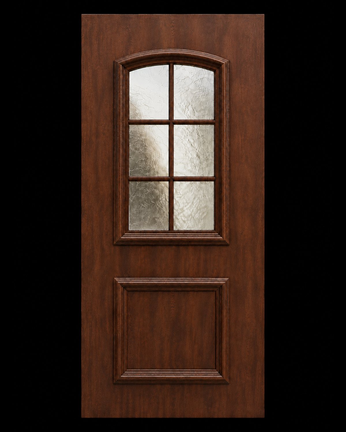 SK15T mahogany-finish door panel with textured glazing, studio photo of the bare panel