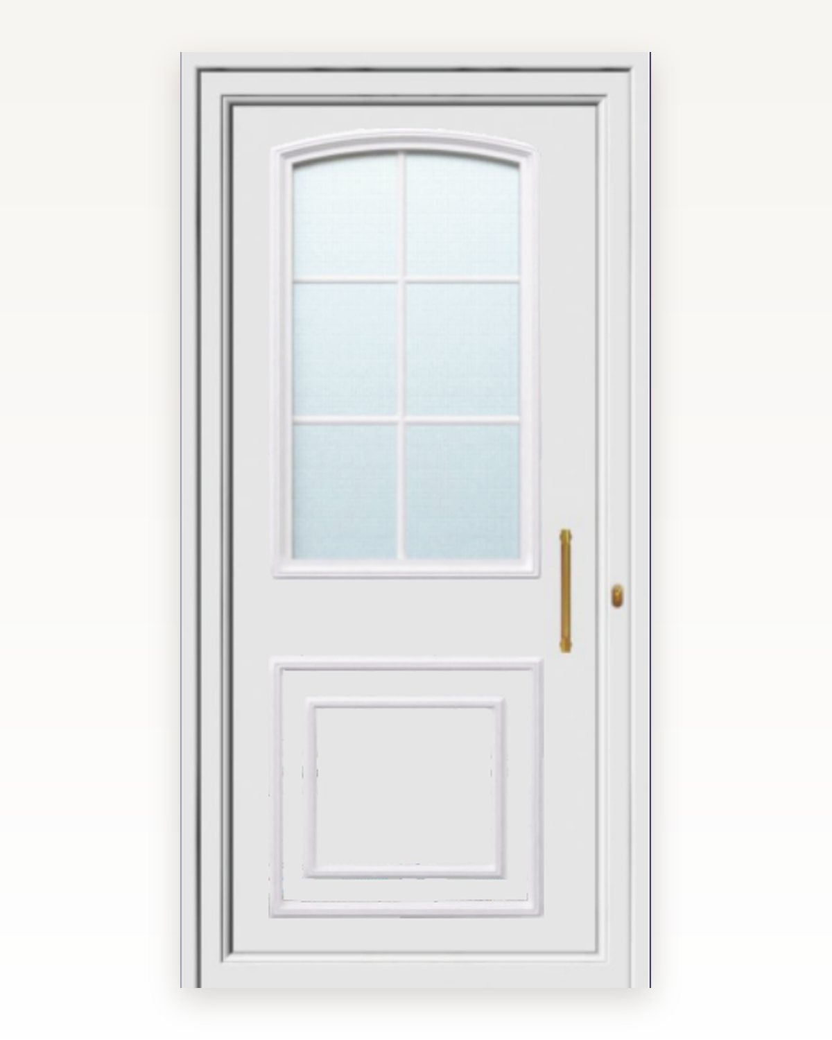 SK15T white door panel with a frosted arched window and gold pull handle, catalogue rendering