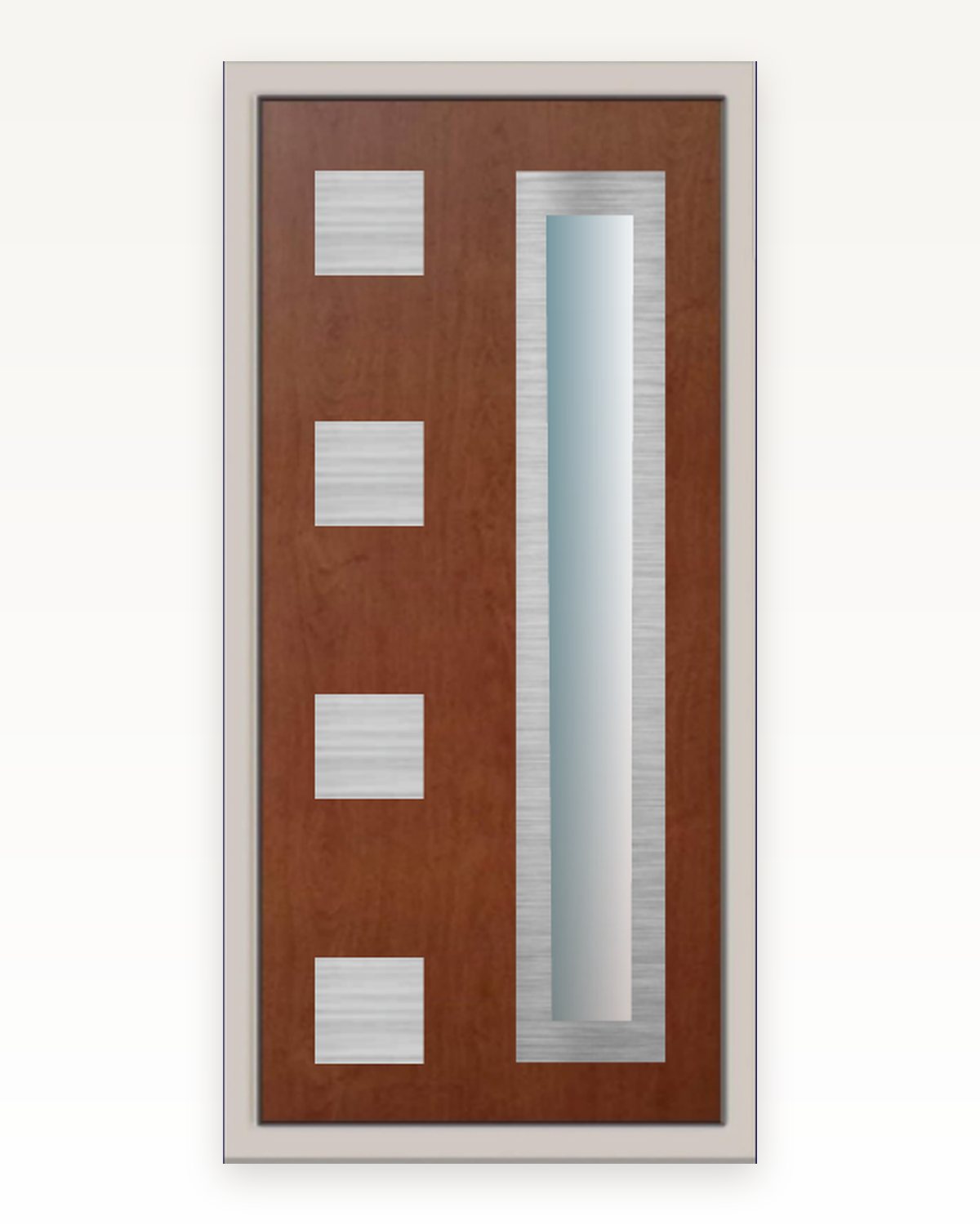 SK20F inox door panel with a full-height steel band, matte glazed slot and four squares, catalogue rendering
