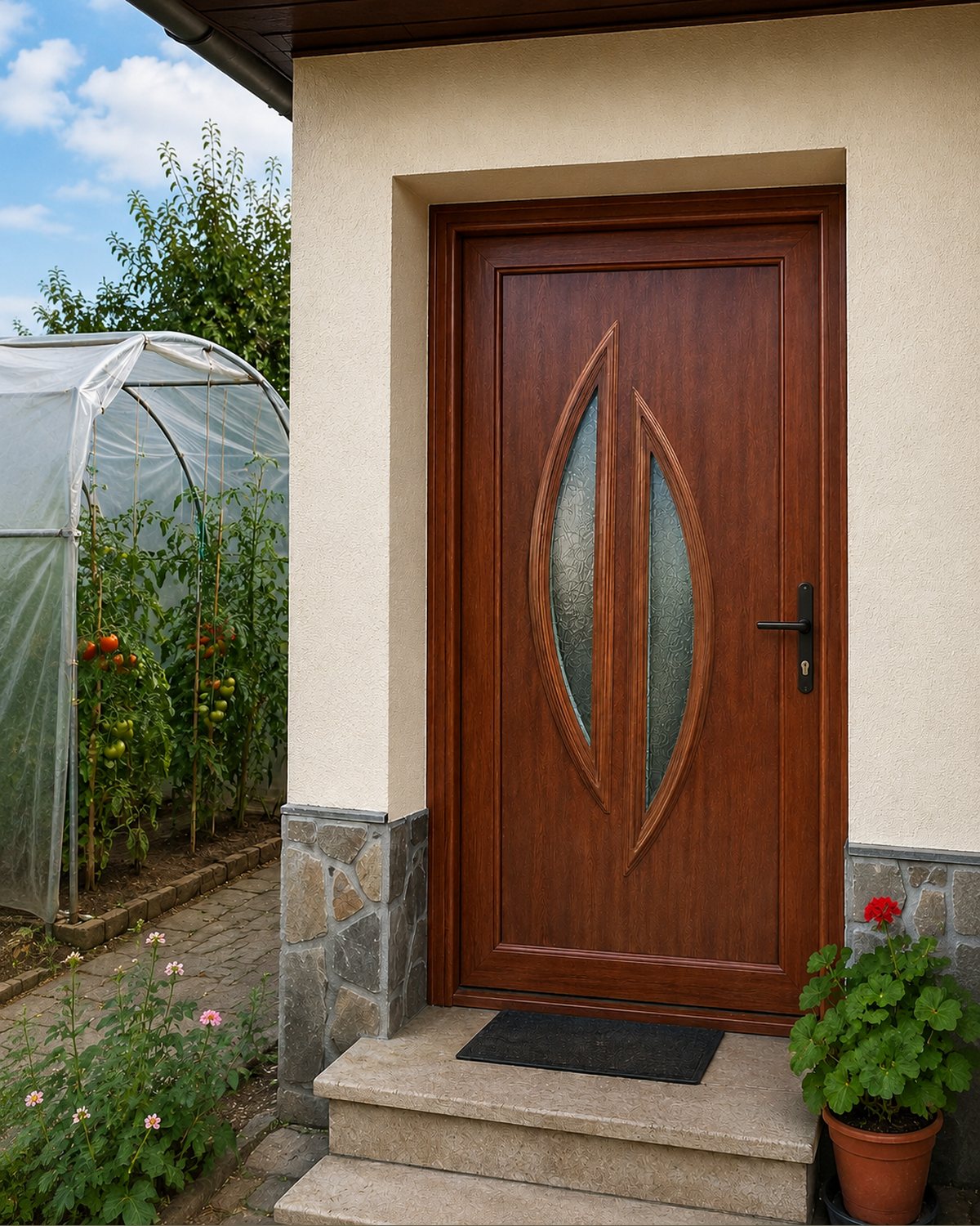 Golden oak SK20T panel at the entrance of a house beside a greenhouse