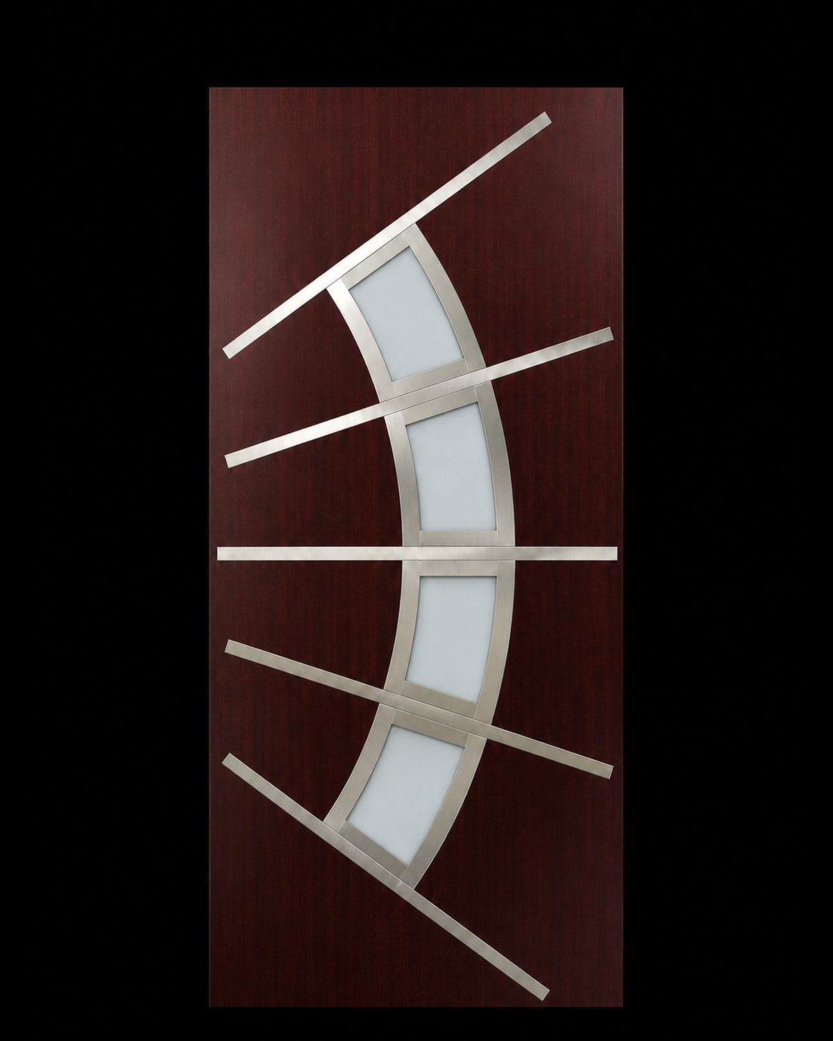 SK24F inox door panel in dark mahogany with a fan-shaped steel arc and four matte glass panes, studio photograph