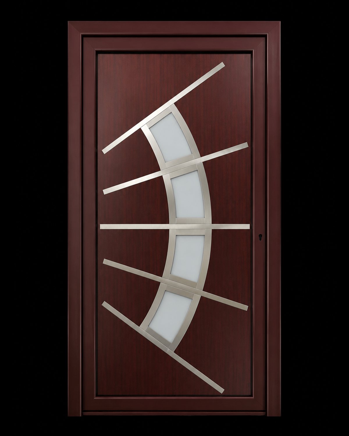 SK24F inox door panel fitted into a mahogany door frame, steel fan arc with matte glazing