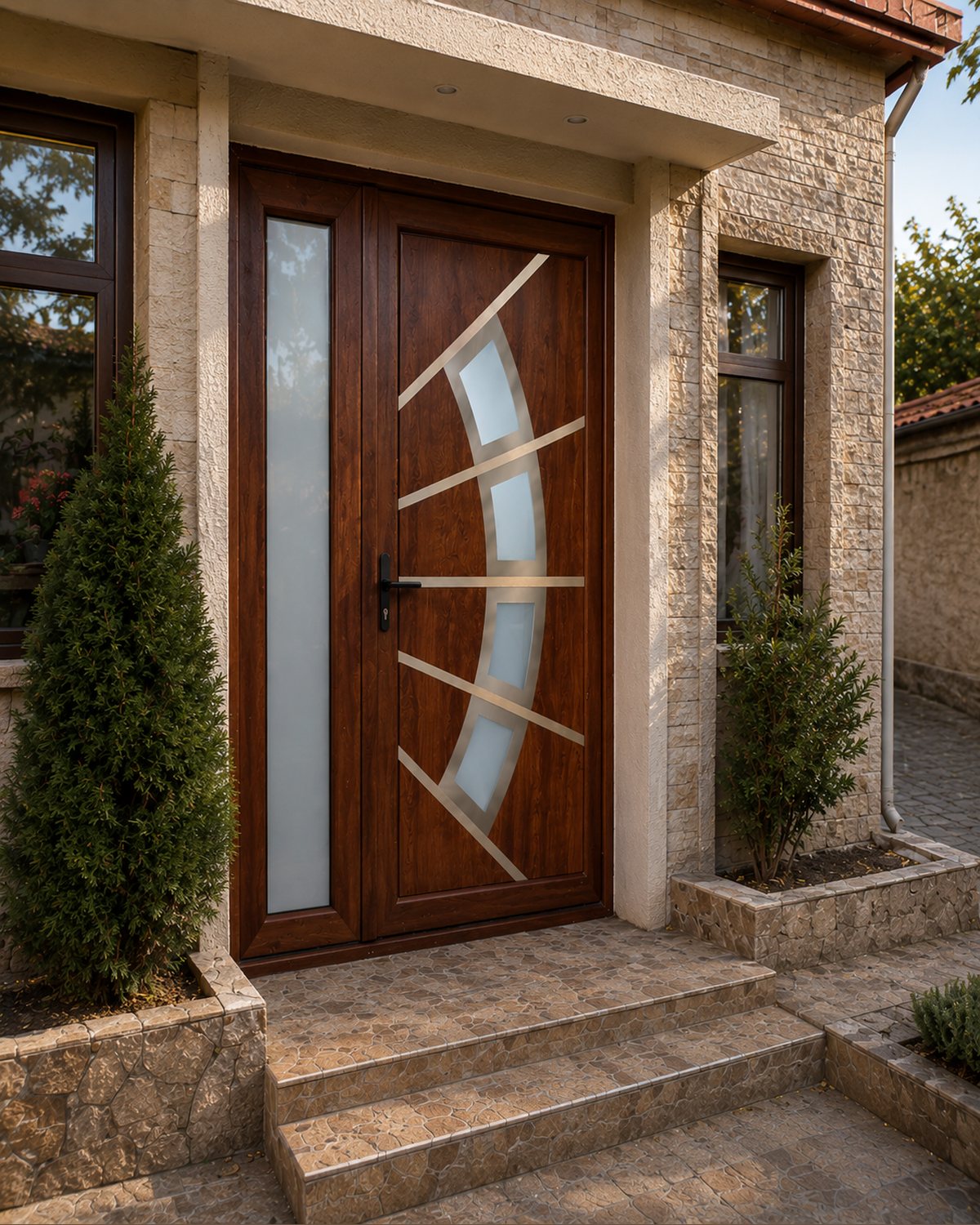 Entrance door with the SK24F inox panel in a wood-effect finish, installed on a house with a frosted sidelight