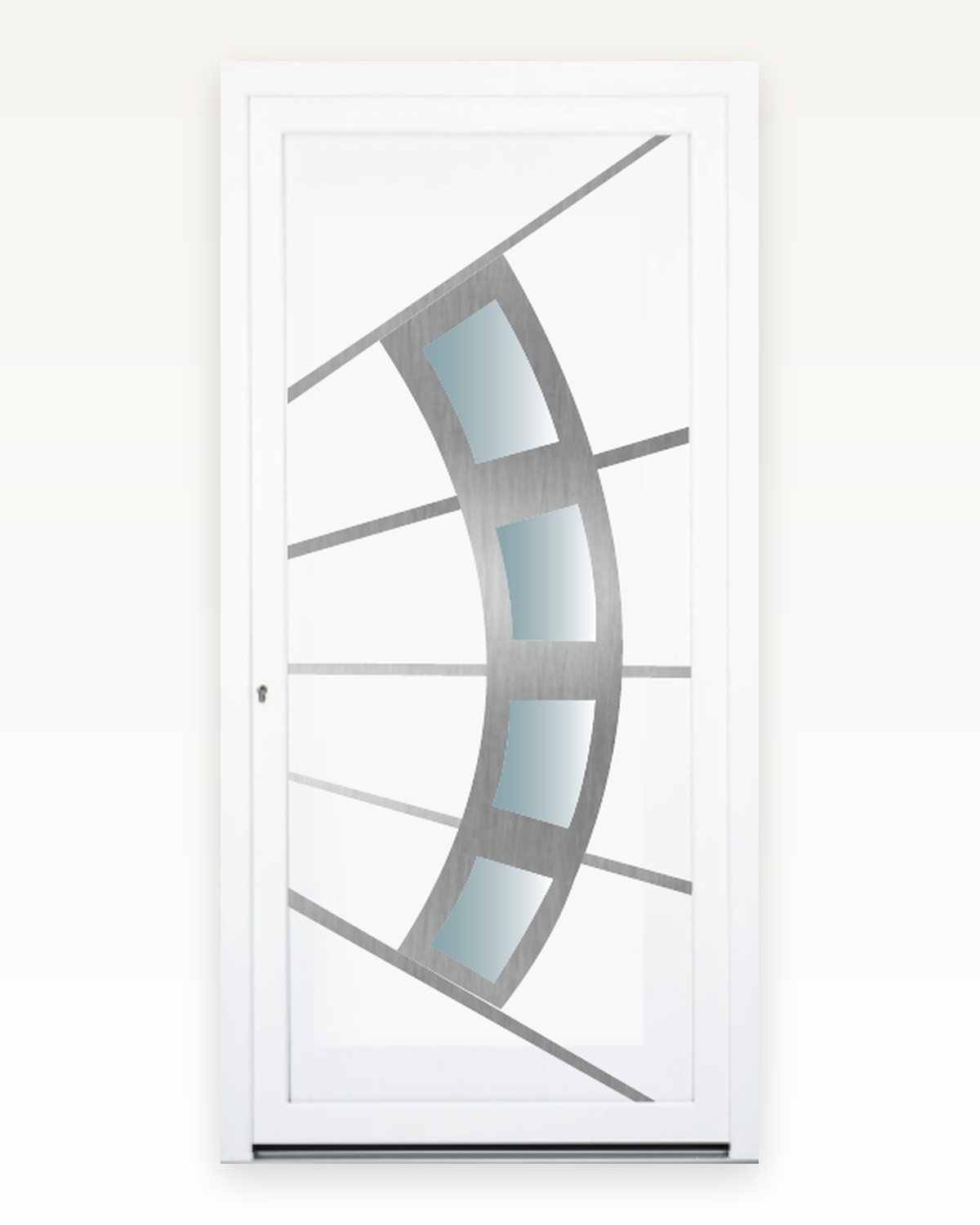 White SK24F inox door panel with a fan-shaped brushed steel arc and matte glass panes, catalogue rendering