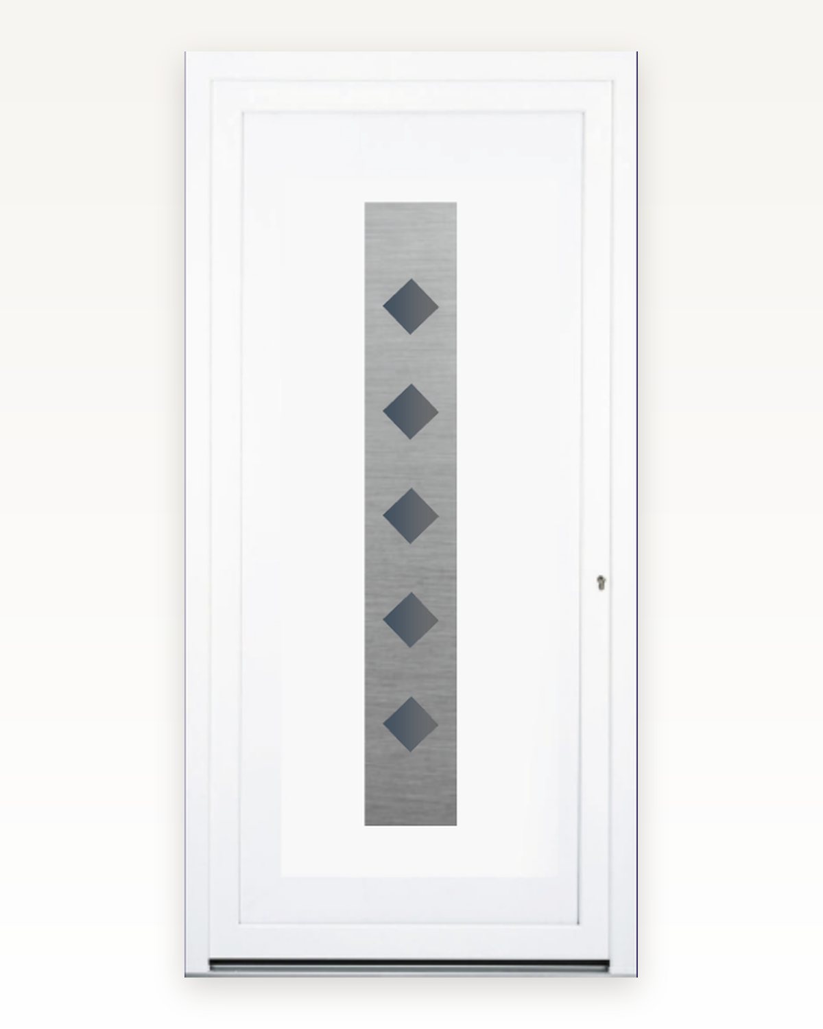White SK25F inox door panel with a vertical brushed steel strip and five dark diamond glazings, catalogue rendering