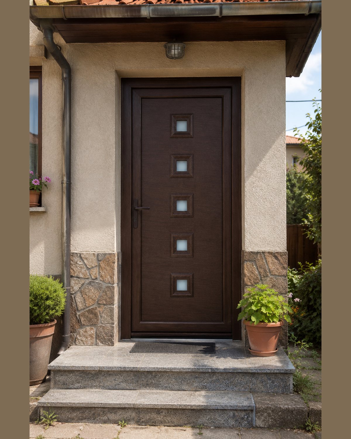 Wenge SK27T panel fitted at a house entrance with stone cladding