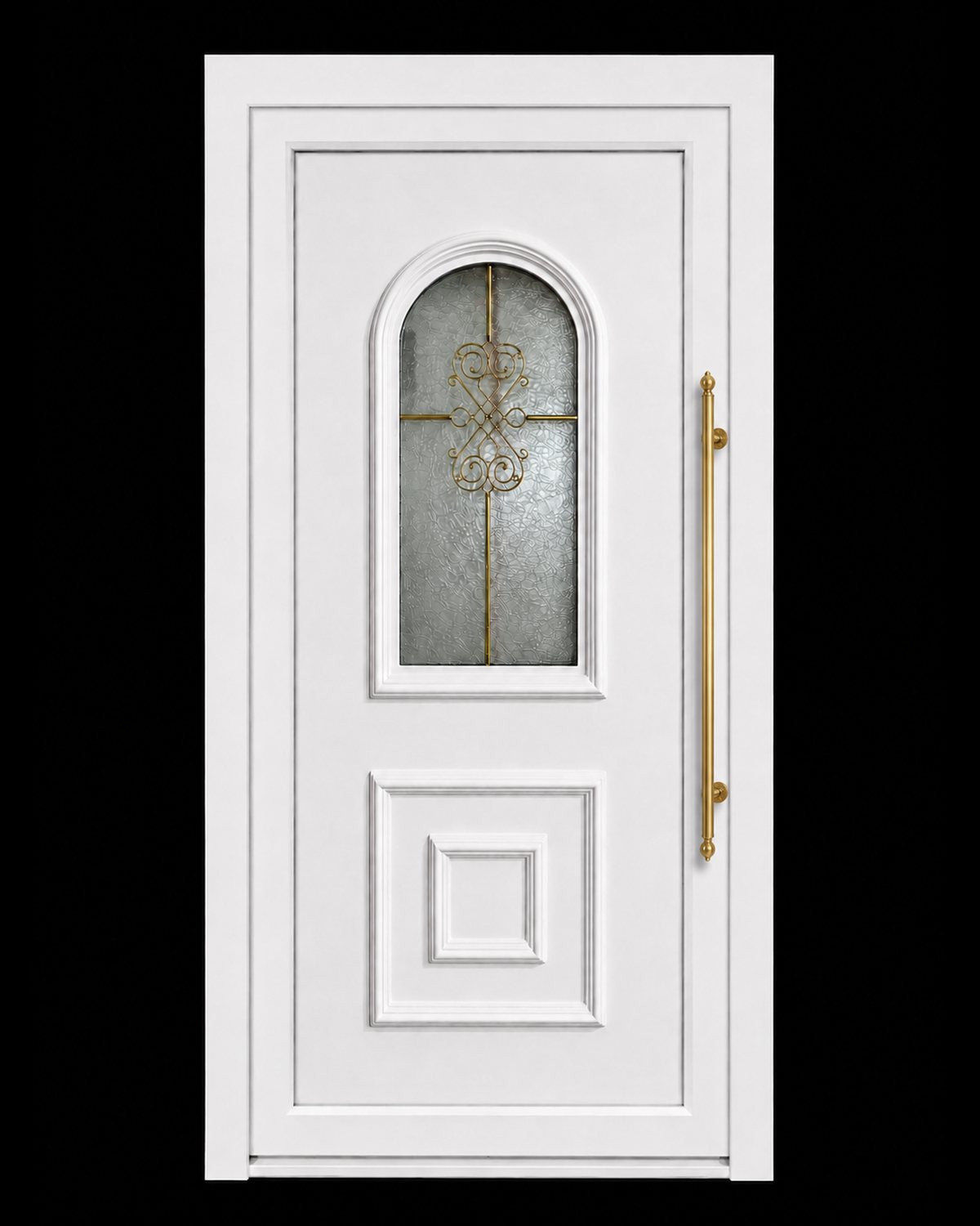 SK31T door panel in white with arched cast glass, gold helima bars and a gold pull handle