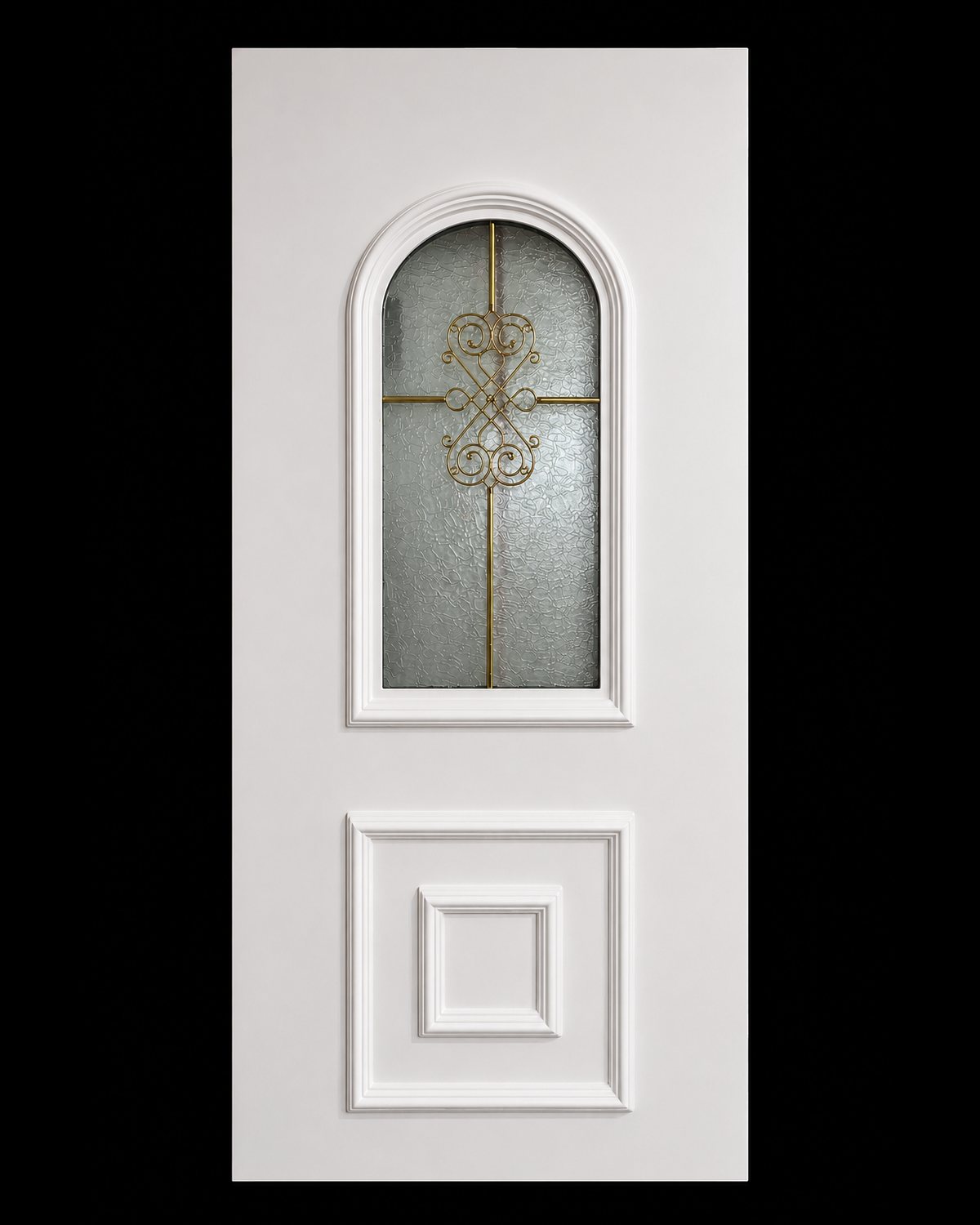 Bare SK31T panel in white: arched cast glass with a gold scroll ornament and square moulding