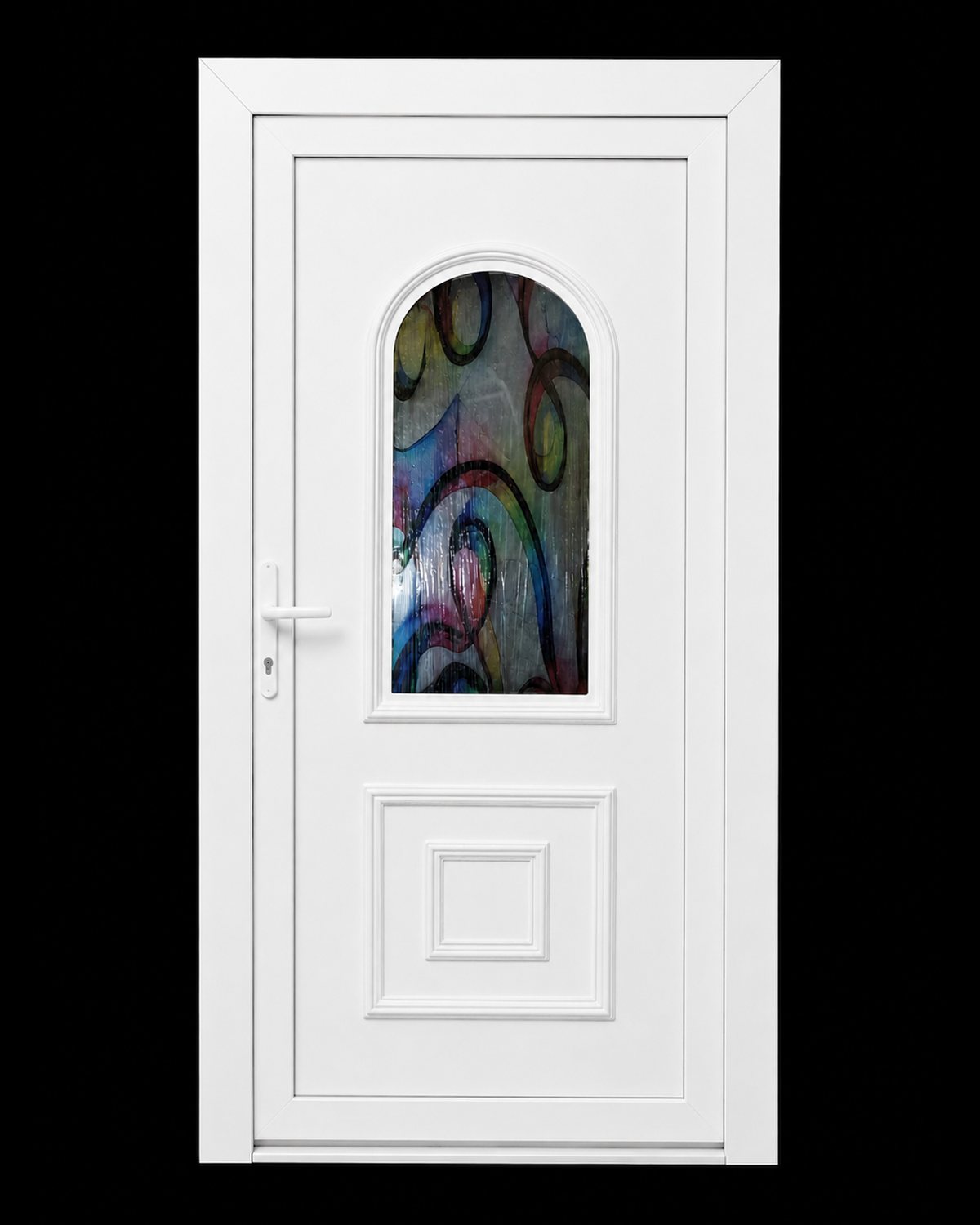 SK31T in white with coloured stained glass in the arch, shown in a white door frame