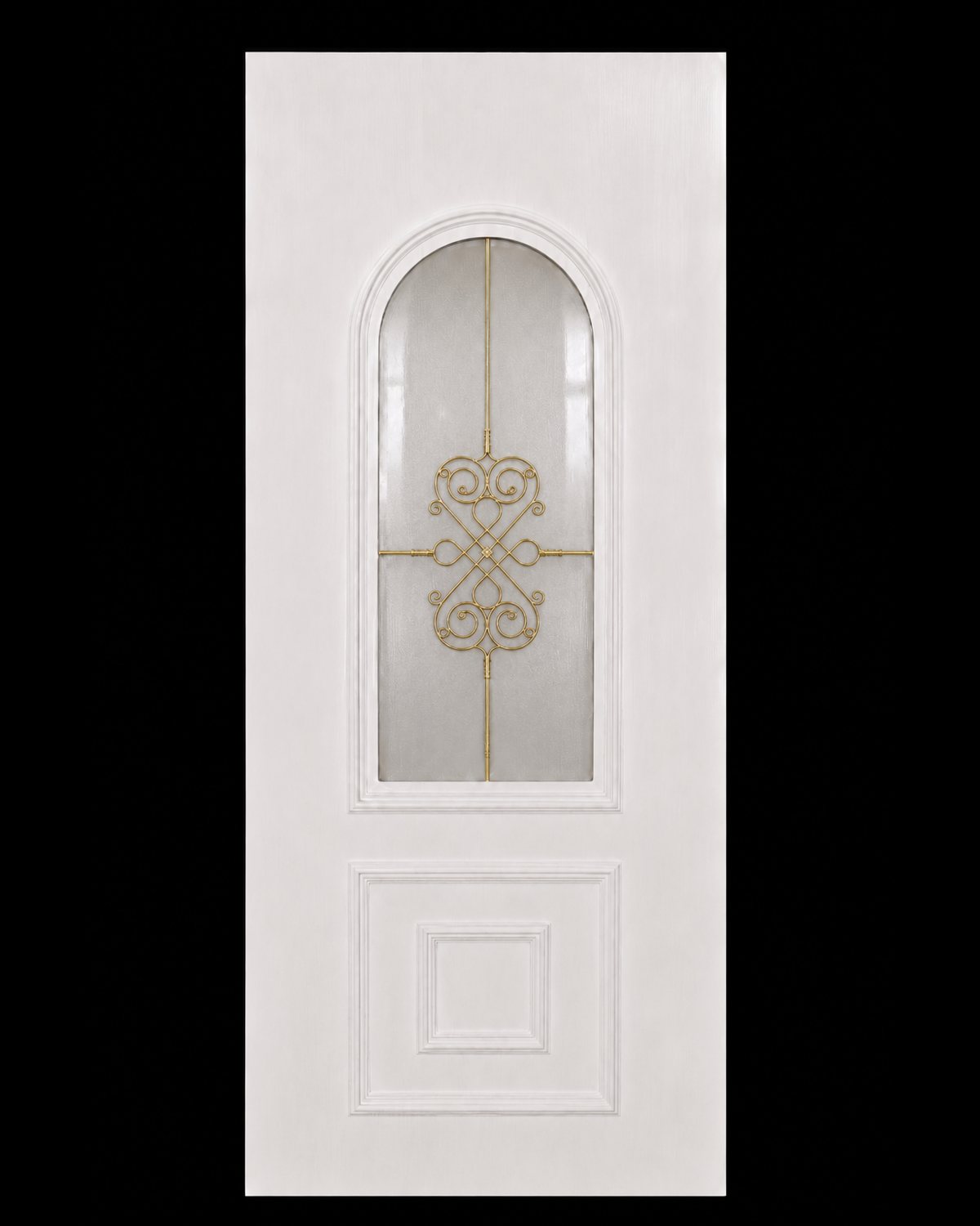 SK31T in white with matte glass, gold helima bars and a wrought-look scroll in the arch