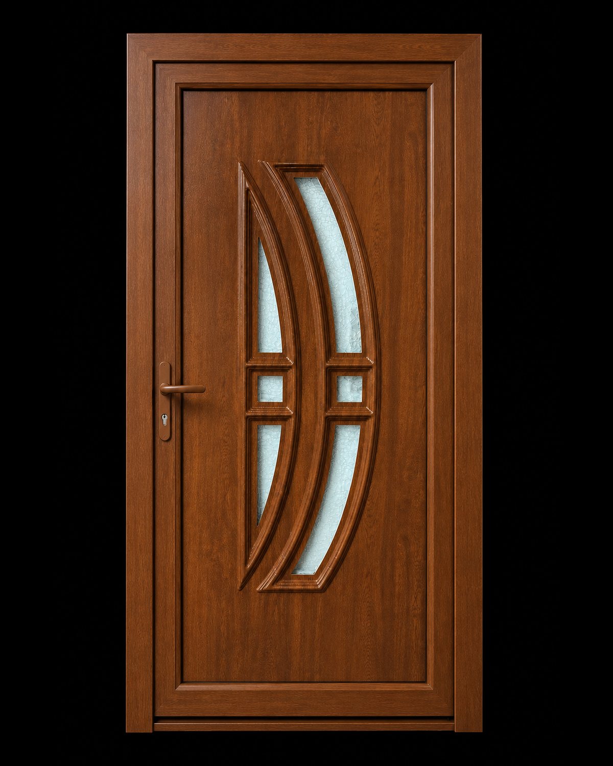 SK33T in golden oak with twin arcs and cast glass, shown in a matching door frame