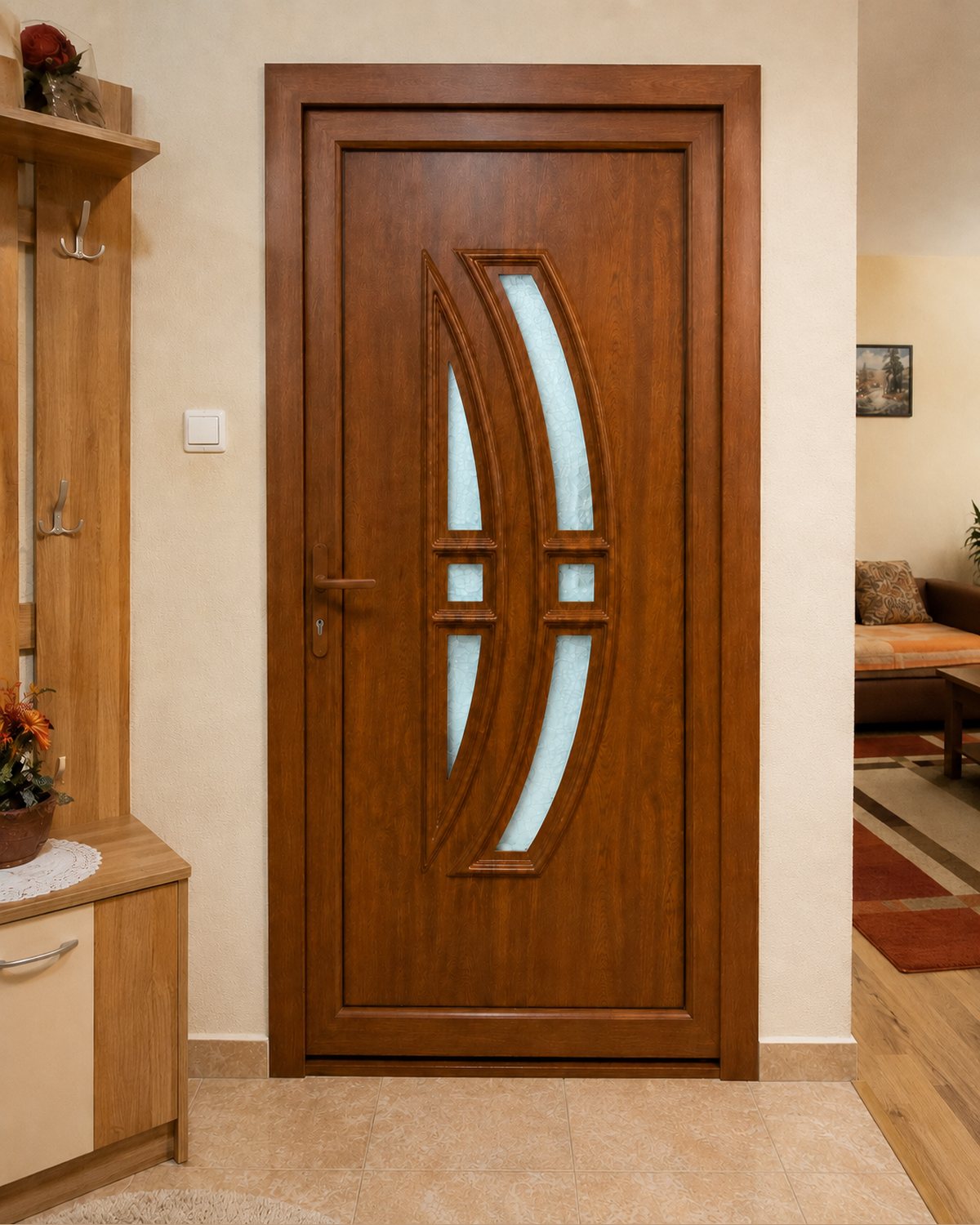 SK33T in golden oak fitted into a door frame, seen from the hallway of a home