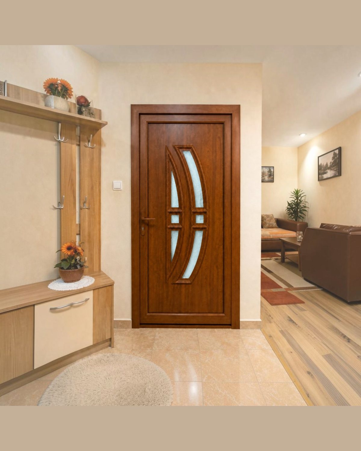 SK33T in golden oak in a hallway, the door opening onto the living room