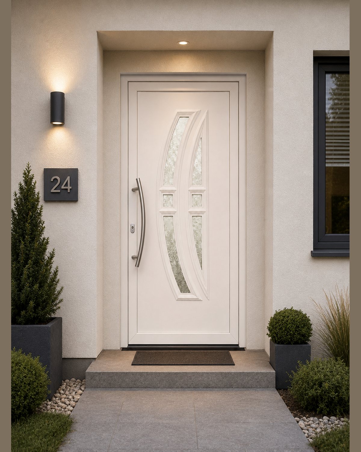 SK33T in cream white on a modern house entrance with a stainless steel bow handle