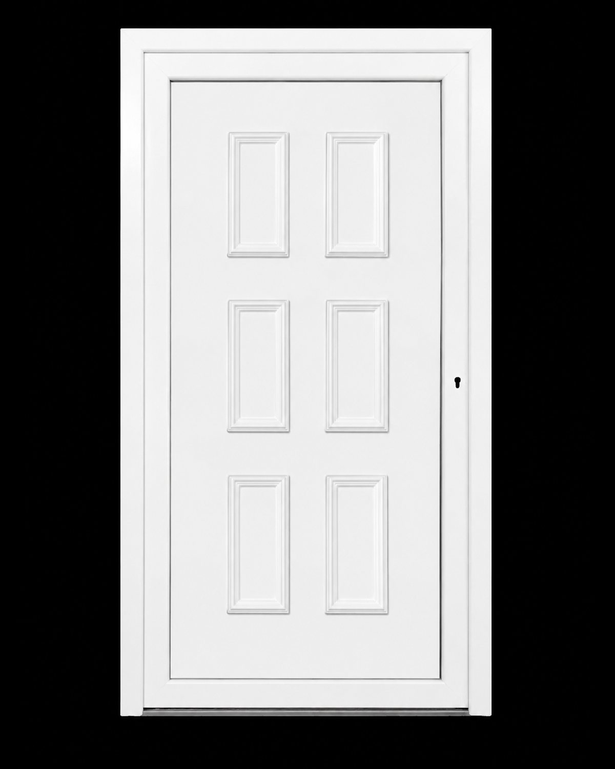SK34T in white with six rectangular raised panels and no glazing, in a white frame