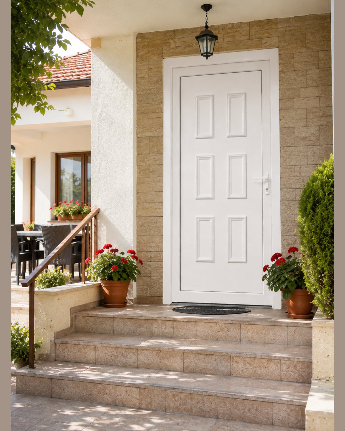 SK34T in white on a house entrance with stone cladding, photographed in place