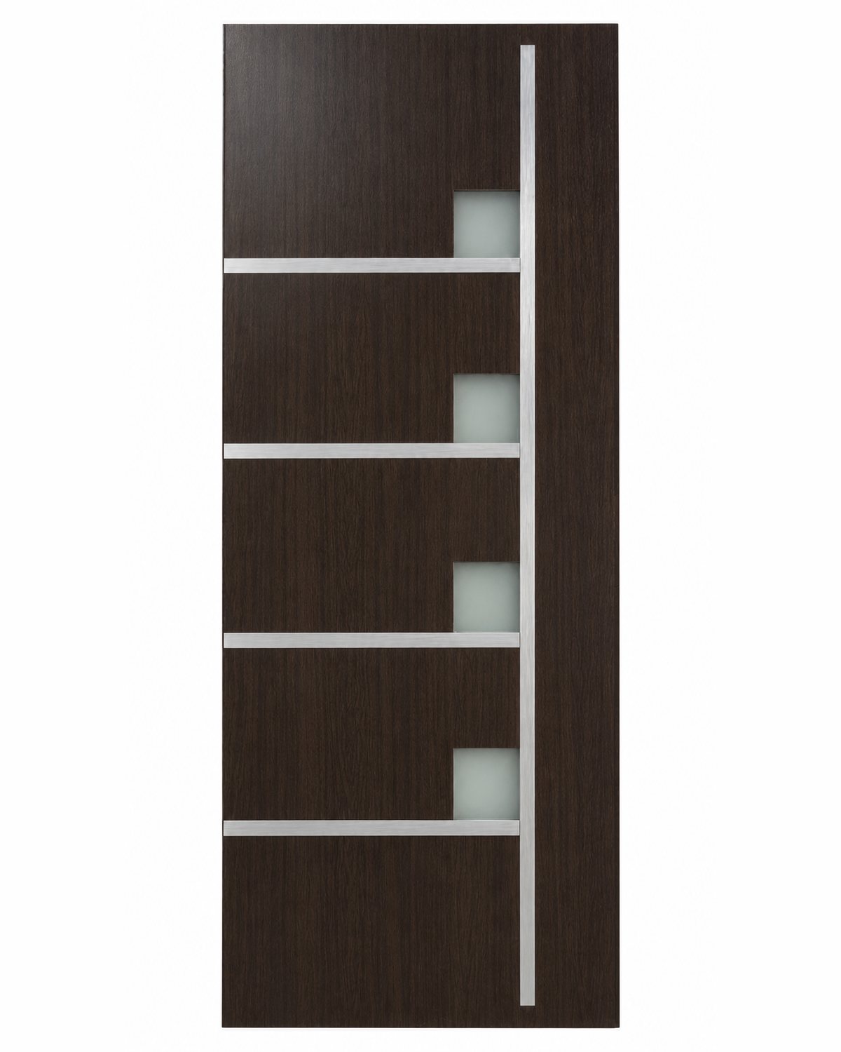 SK42F door panel in dark wenge finish with a vertical inox rail, studio photo of the bare panel
